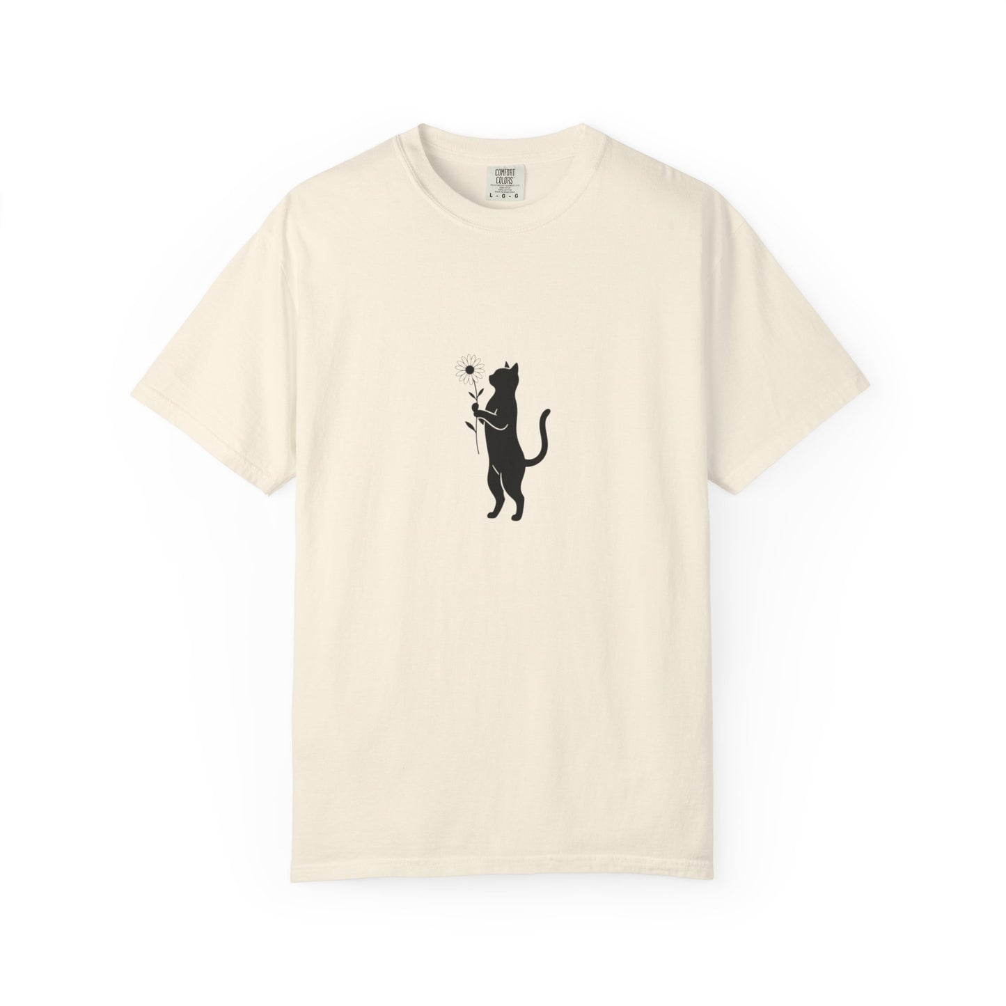 Black Cat Holding Flower T-Shirt | Minimal Cat Silhouette Tee