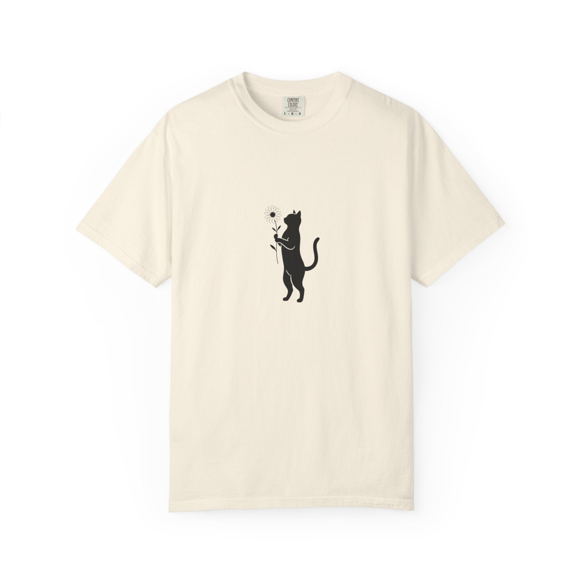Black Cat Holding Flower T-Shirt | Minimal Cat Silhouette Tee