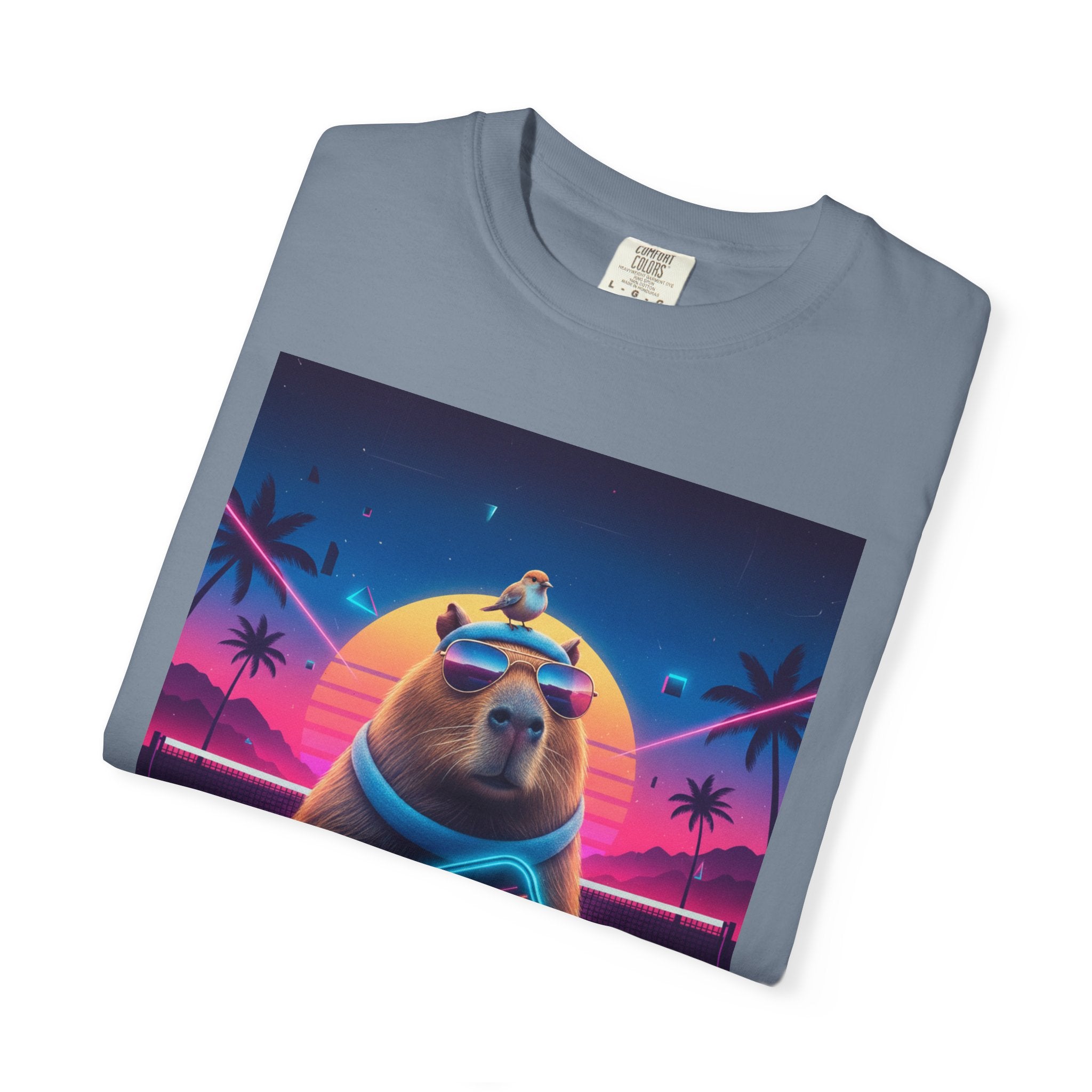 Retro Vaporwave Capybara with Sunglasses T-shirt | Neon Sunset Palm Trees