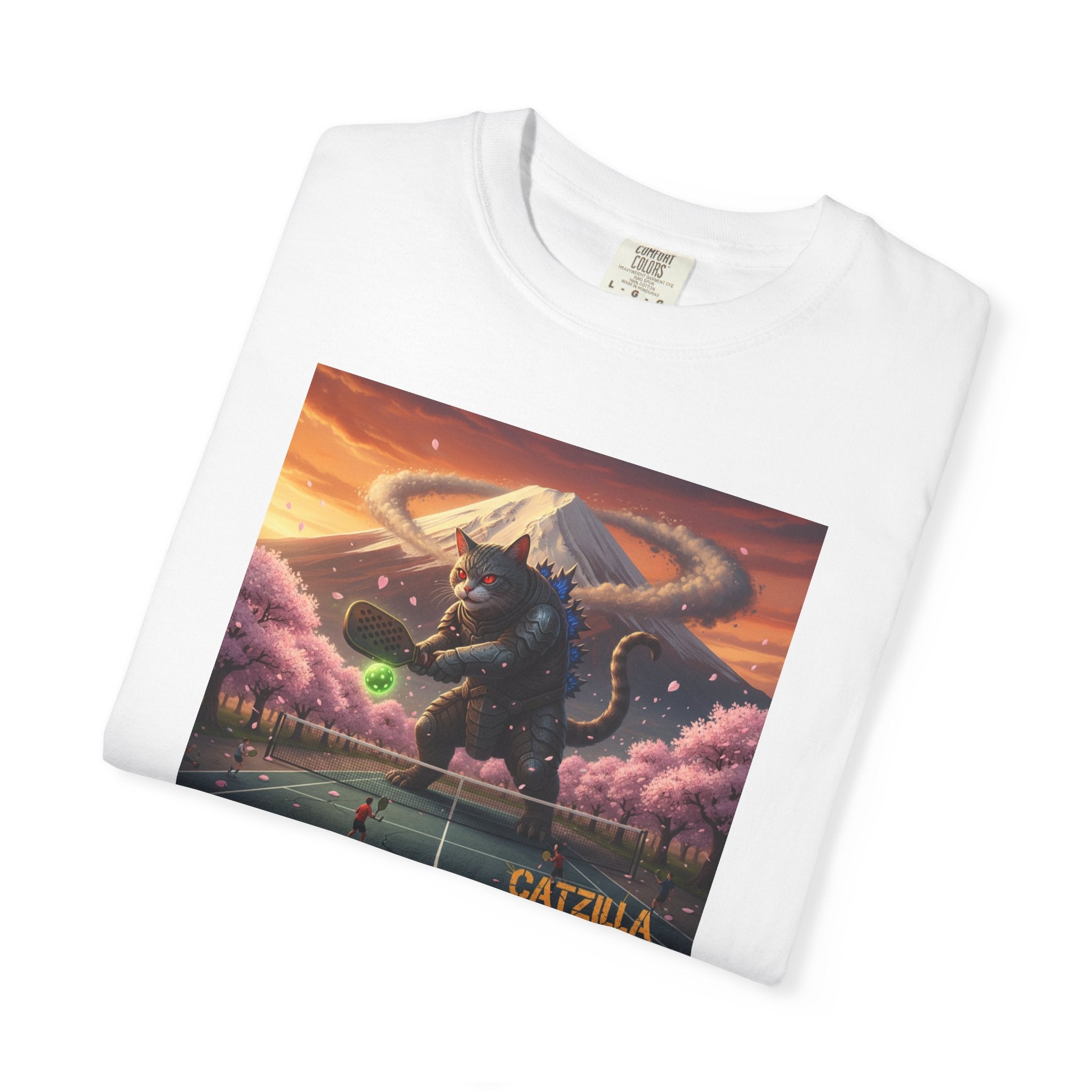Catzilla Pickleball Destroyer T-shirt | Kaiju Cat Samurai, Mount Fuji Cherry Blossoms