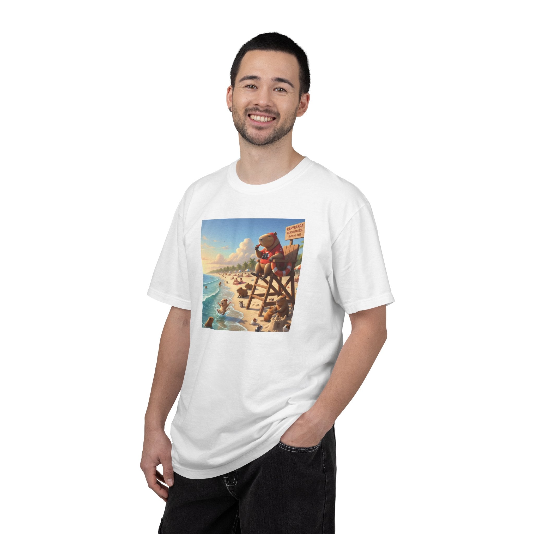 Lifeguard Capybara on Beach T-shirt | Surf Rescue Sunset Scene