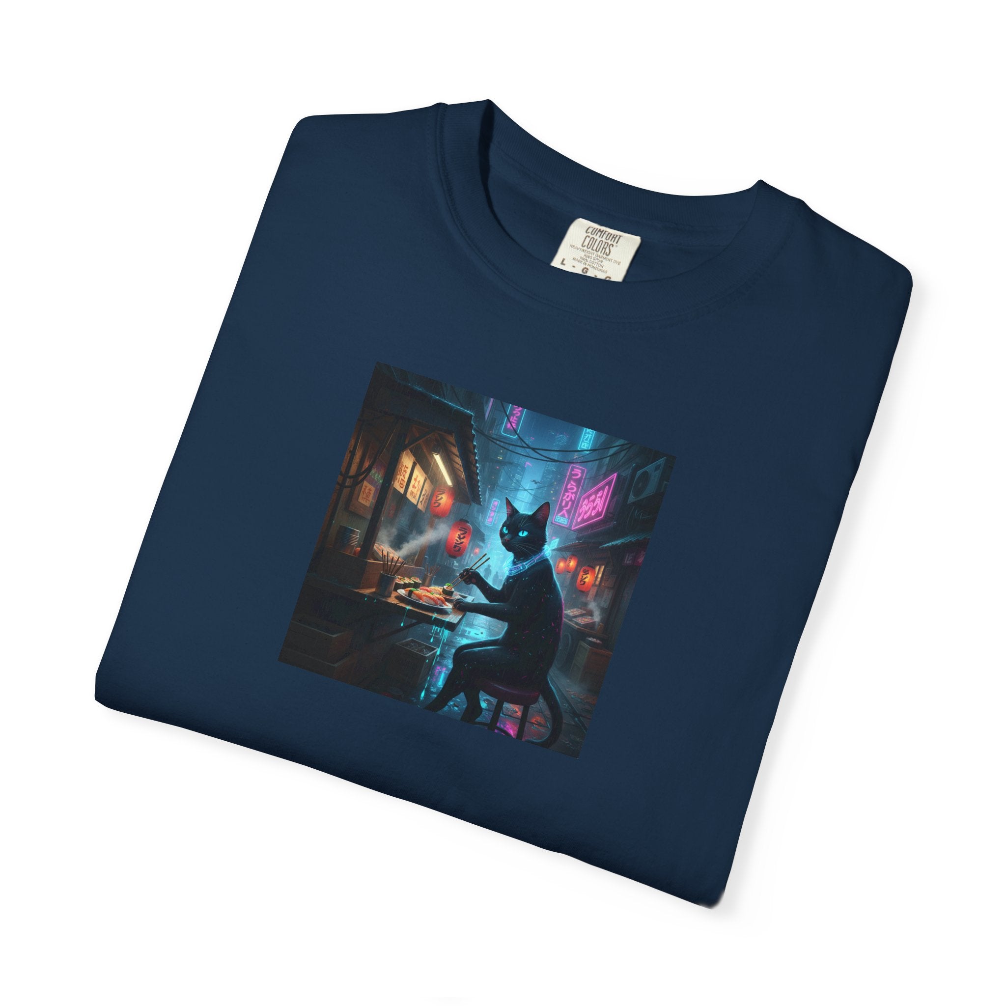 Cyberpunk Cat Sushi T-shirt | Neon Japan Noir