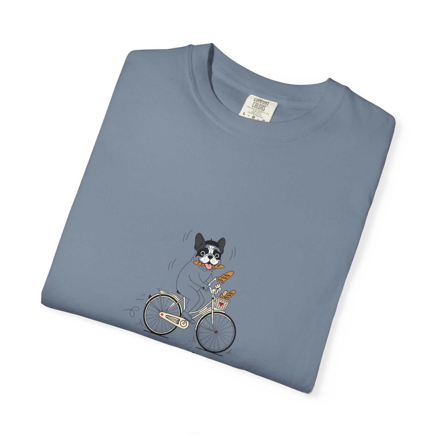 French Bulldog on Bicycle T-shirt | Cute Dog Illustration, 'Oui!' Text