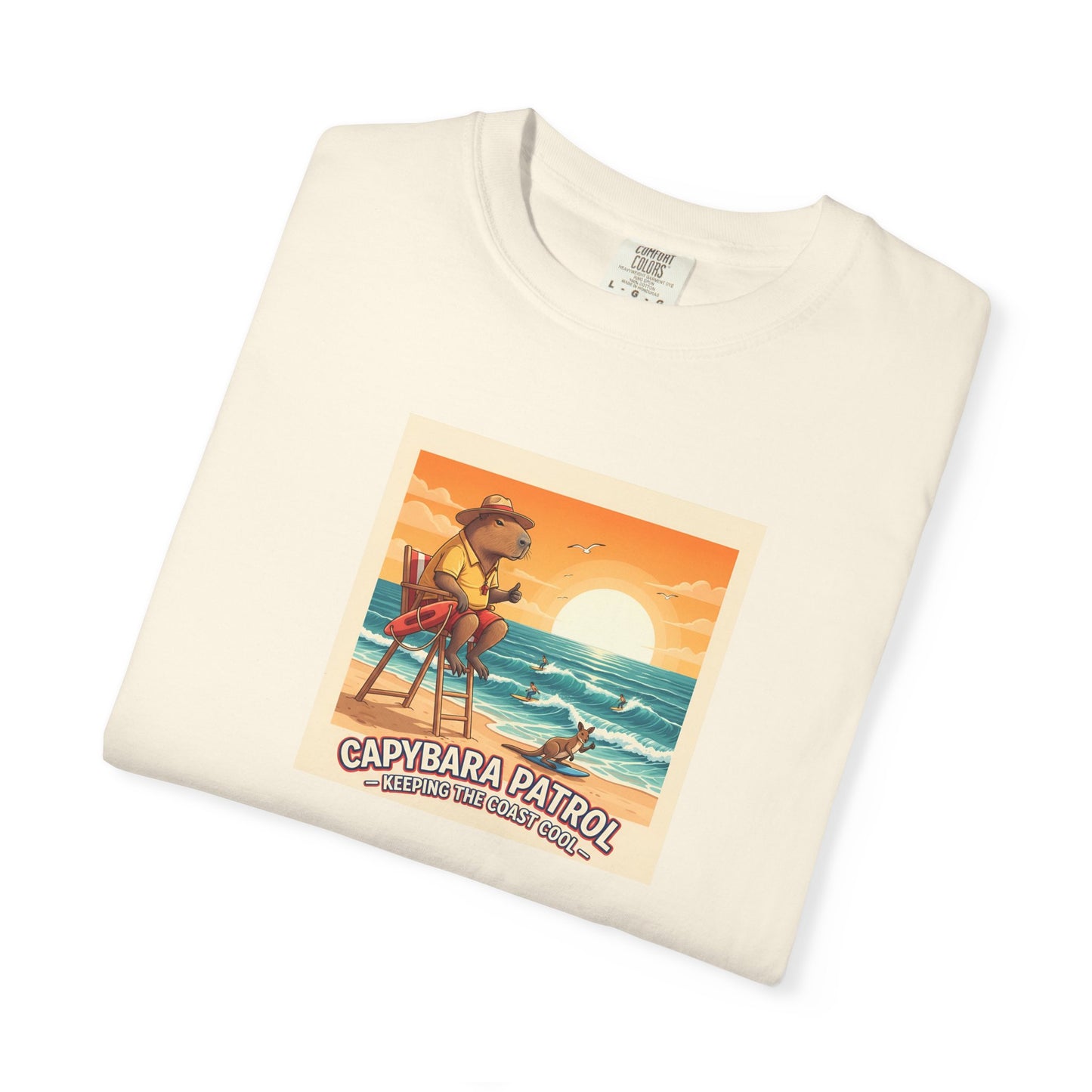 Capybara Patrol Sunset Surfing Capybara T-Shirt | Retro Beach Vibes