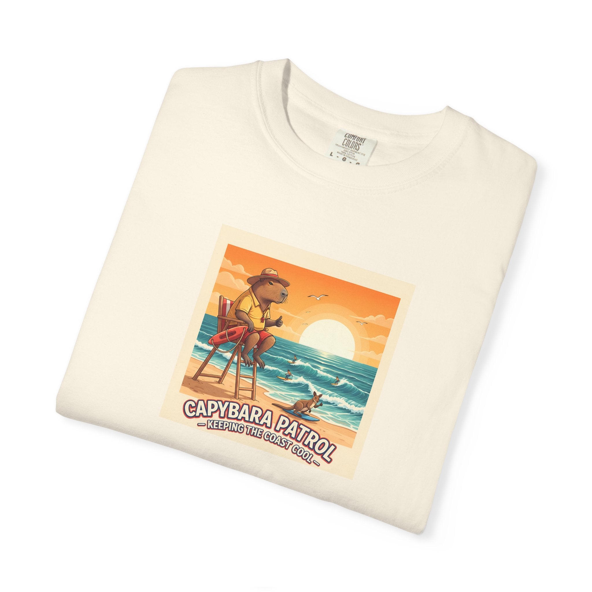 Capybara Patrol Sunset Surfing Capybara T-Shirt | Retro Beach Vibes
