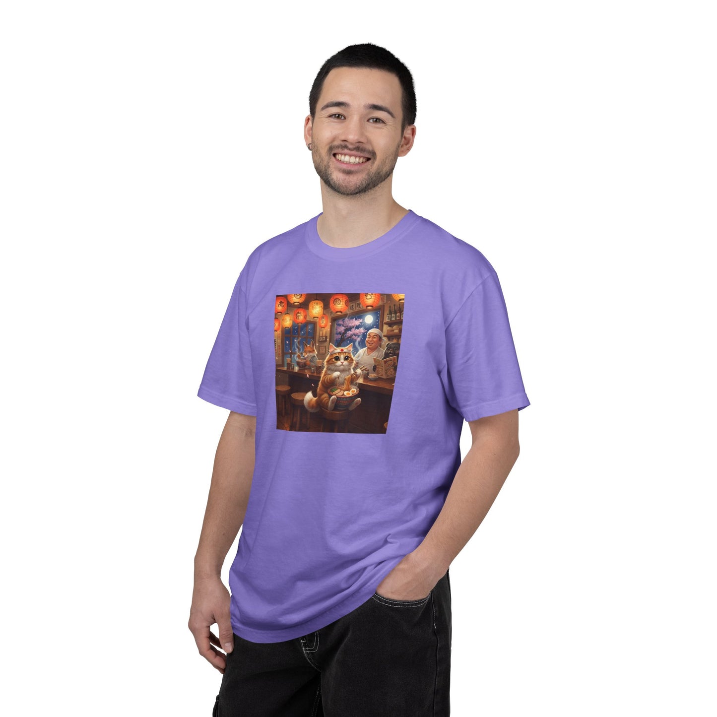 Whiskers and the Wondrous Noodles Cat Bar Ramen Scene T-shirt | Cozy Pub Cat Illustration