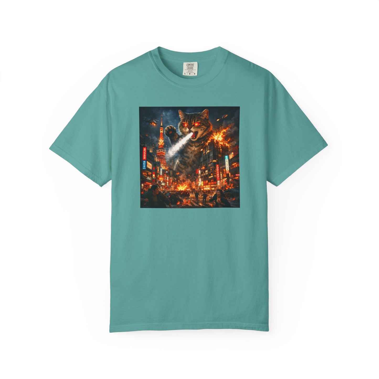 Giant Catzilla Kaiju Rampage T-Shirt | Neon City Monster Battle