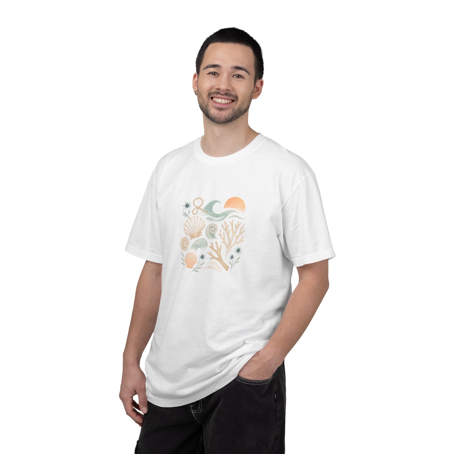 Coastal Seashells and Coral T-Shirt | Beach Wave Sunset Art