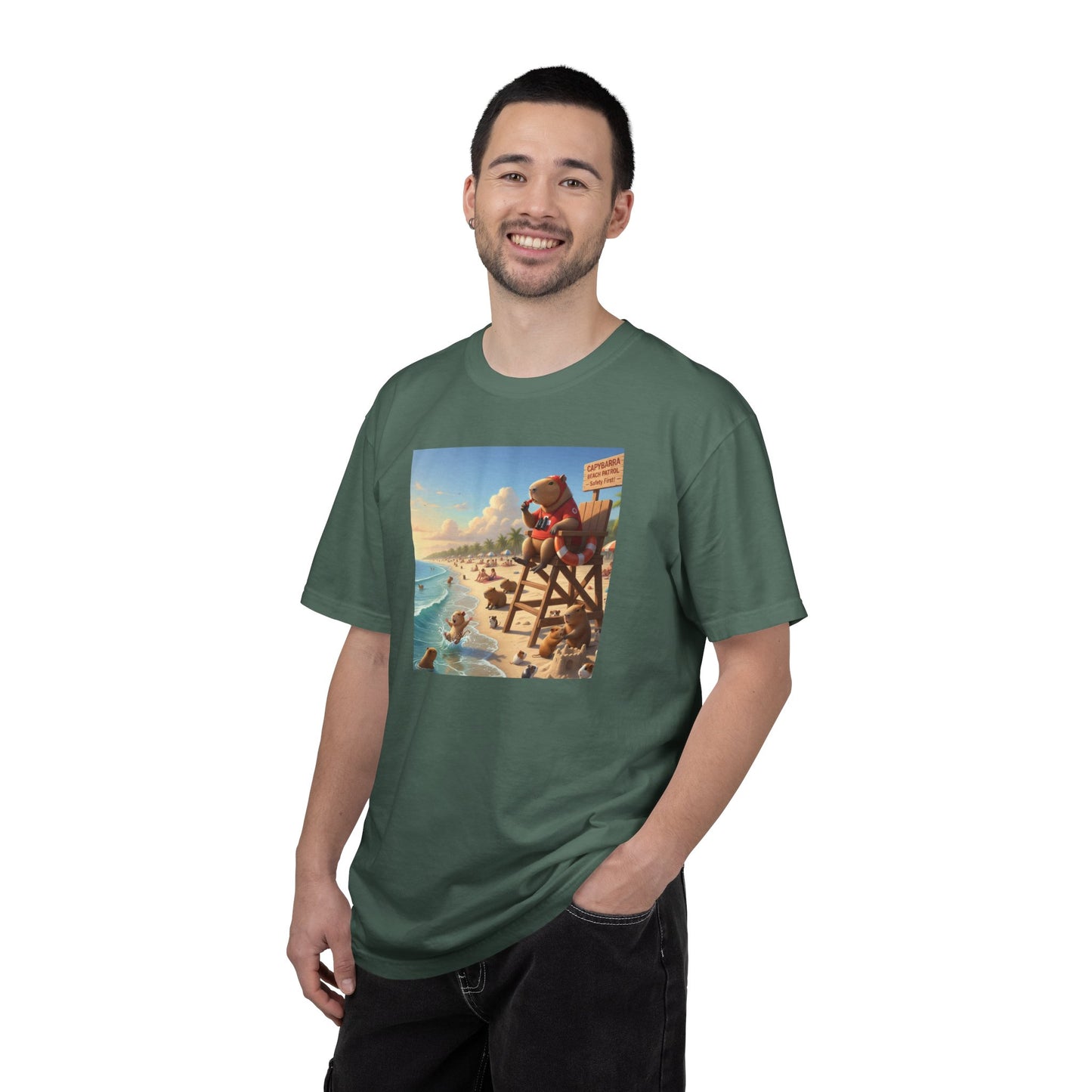 Lifeguard Capybara on Beach T-shirt | Surf Rescue Sunset Scene