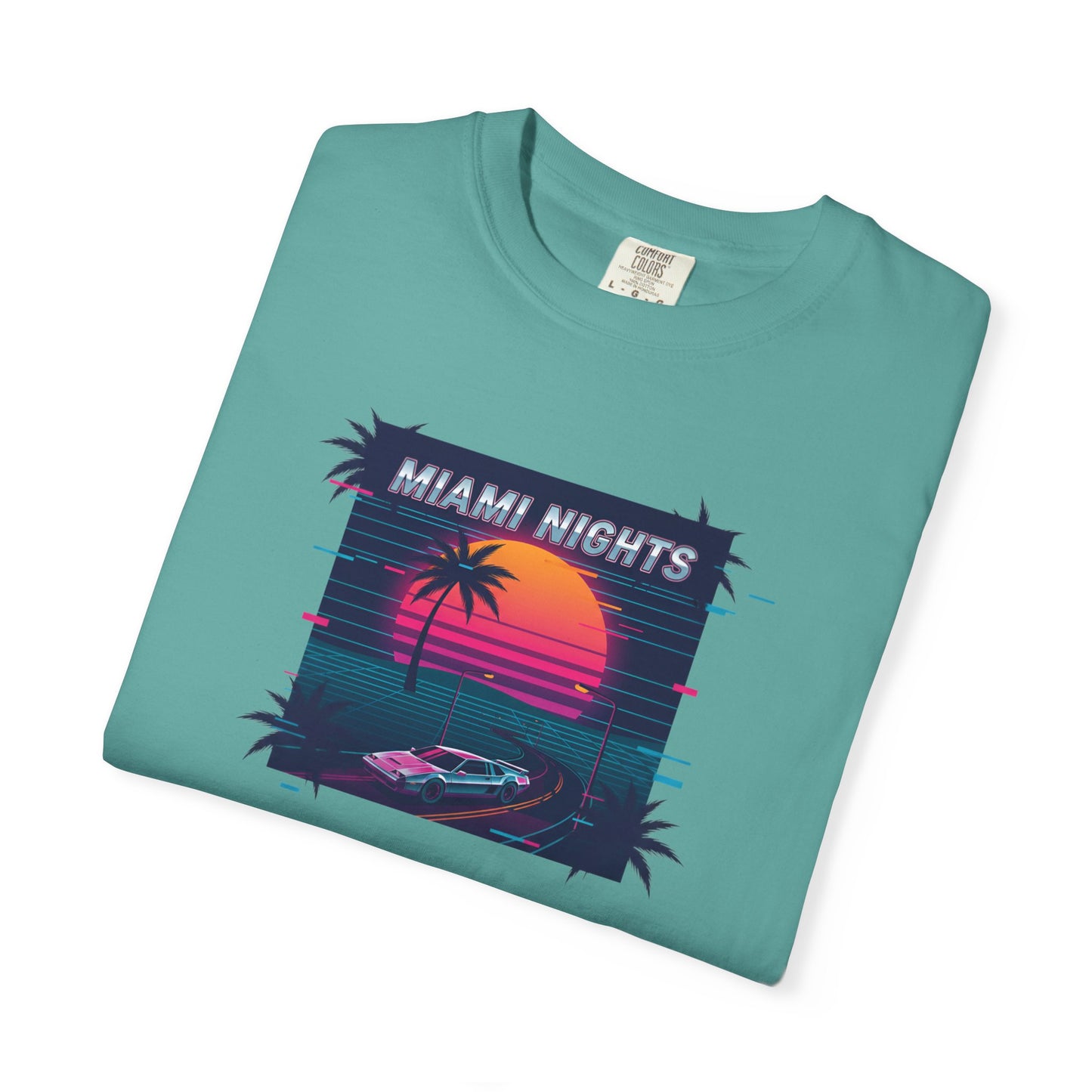 Miami Nights Sunset Palm T-shirt | Retro Vaporwave Beach Scene