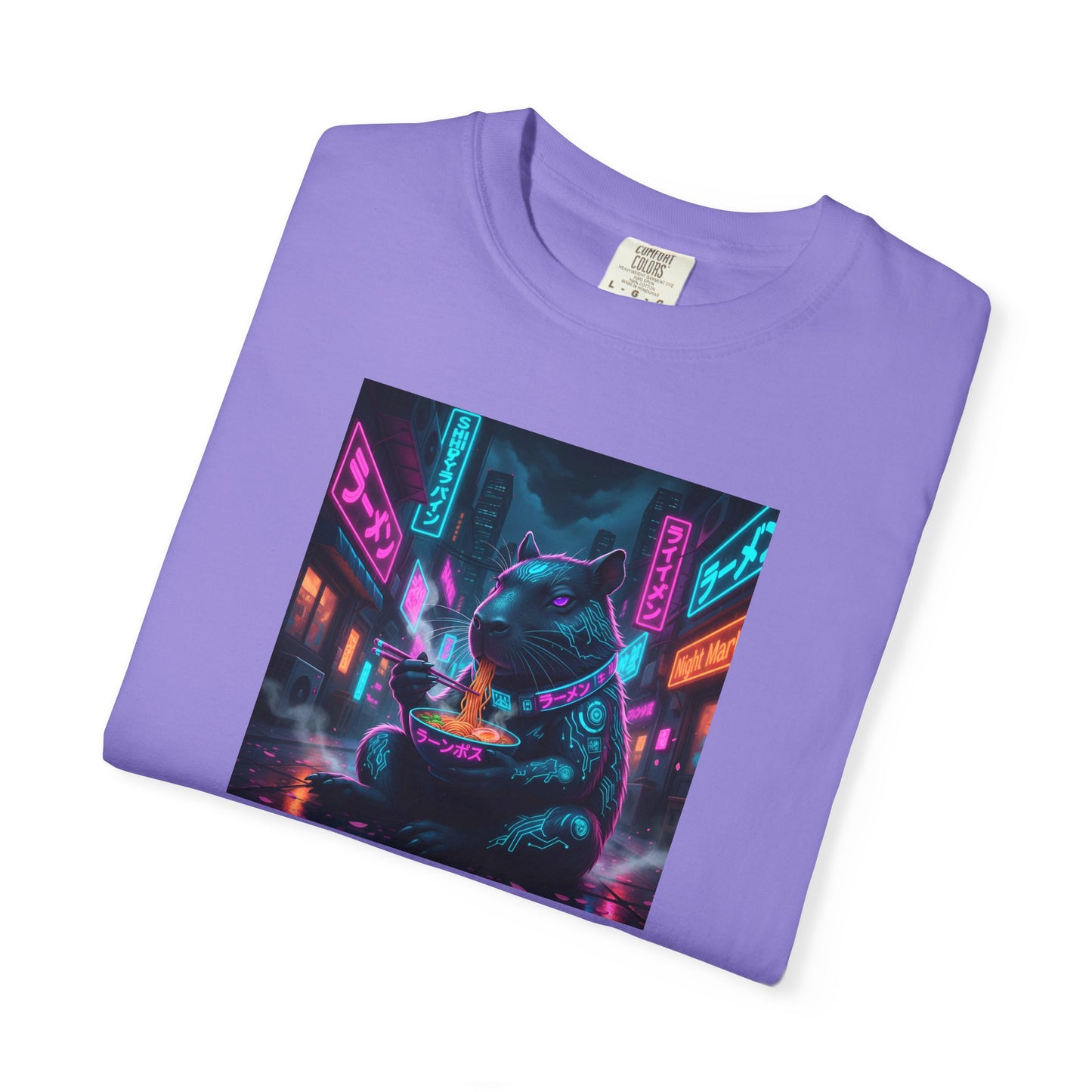 Neon Cyberpunk Capybara Cityscape T-Shirt | Futuristic Night Street Art
