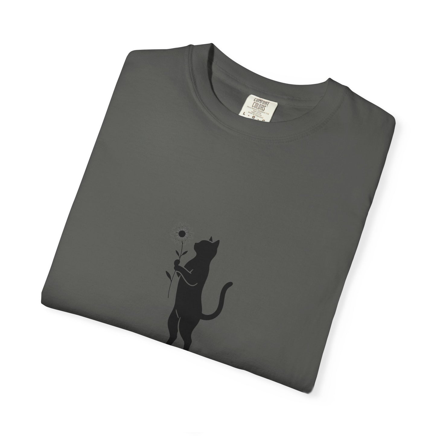 Black Cat Holding Flower T-Shirt | Minimal Cat Silhouette Tee