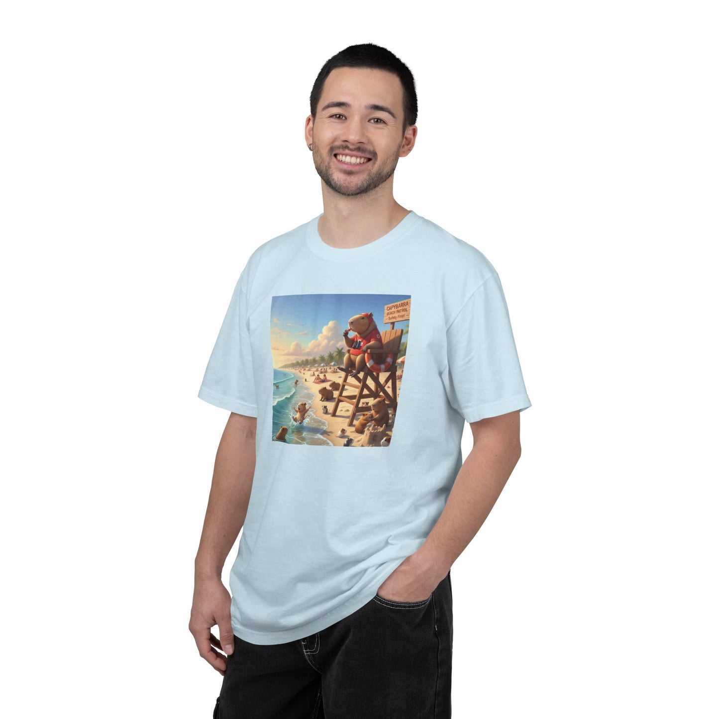 Lifeguard Capybara on Beach T-shirt | Surf Rescue Sunset Scene