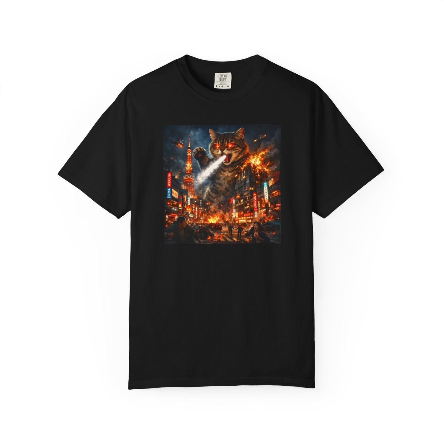 Giant Catzilla Kaiju Rampage T-Shirt | Neon City Monster Battle