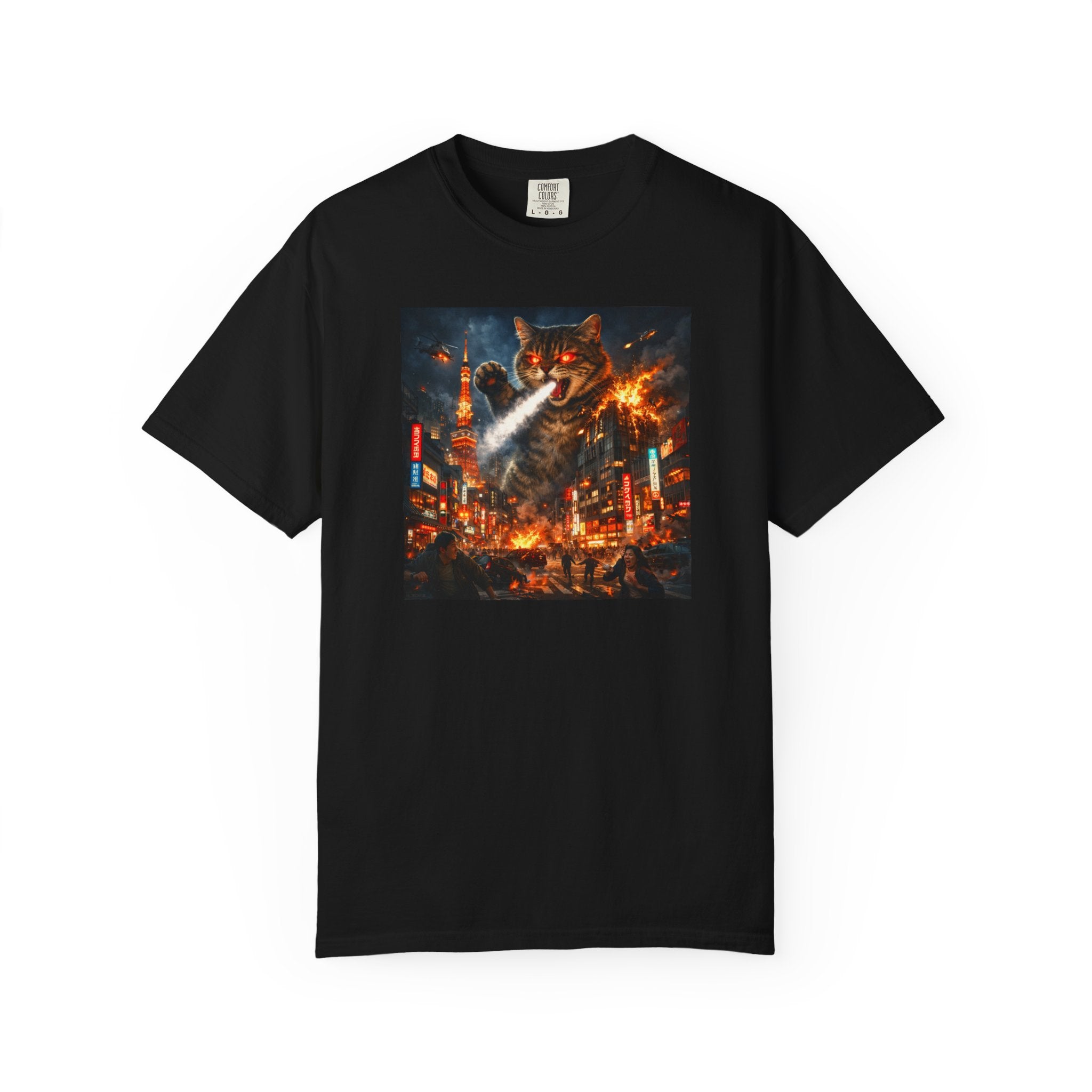 Giant Catzilla Kaiju Rampage T-Shirt | Neon City Monster Battle