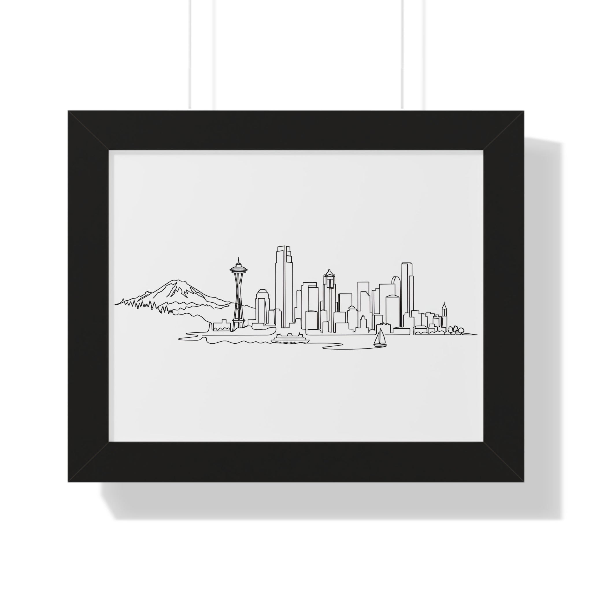 Seattle Emerald City Hand-Drawn Skyline Poster Framed Horizontal