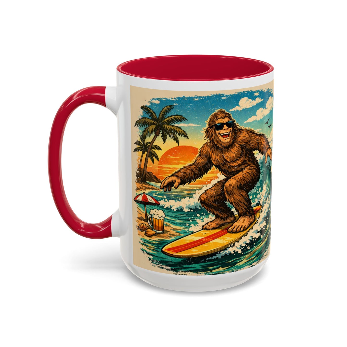 Surfing Bigfoot Mug | Retro Beach Sunset Bigfoot Wave Coffee Cup
