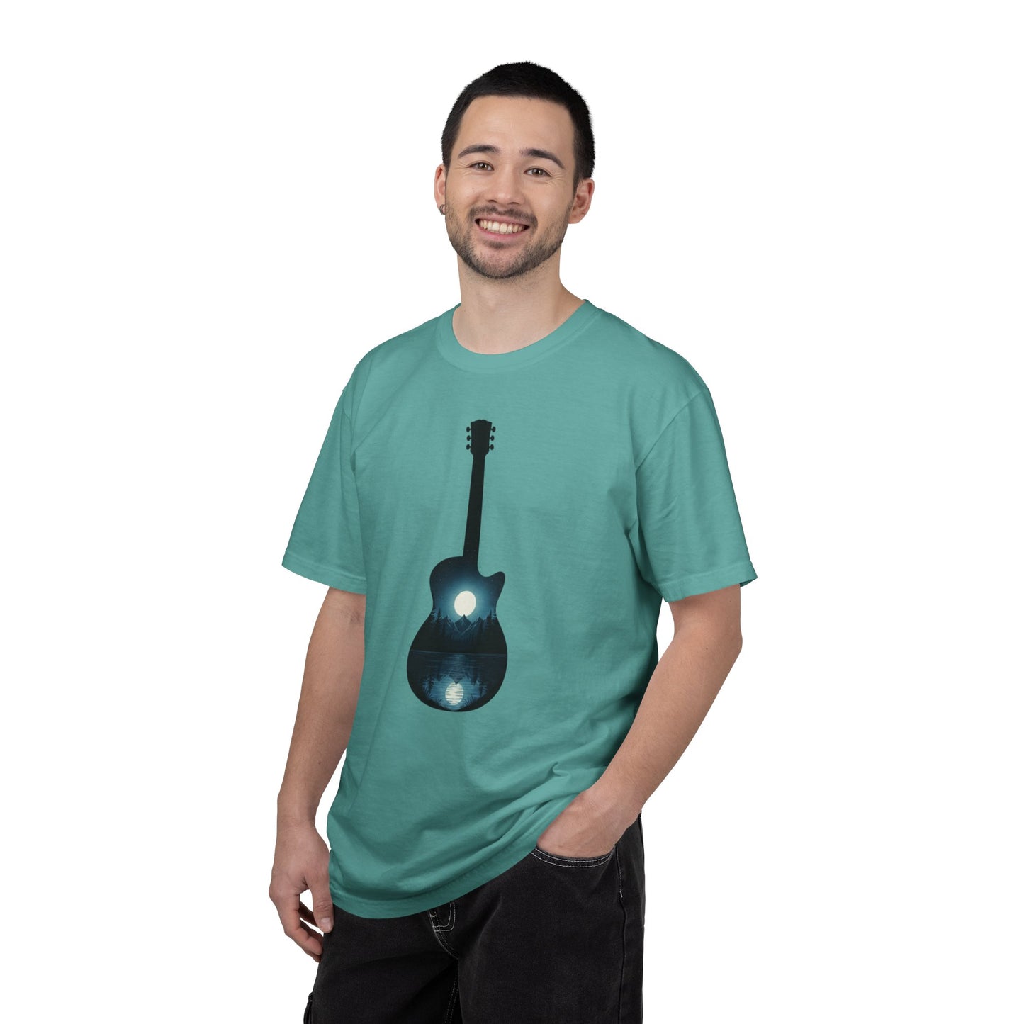 Moonlit Acoustic Guitar T-Shirt | Night Sky Guitar Silhouette