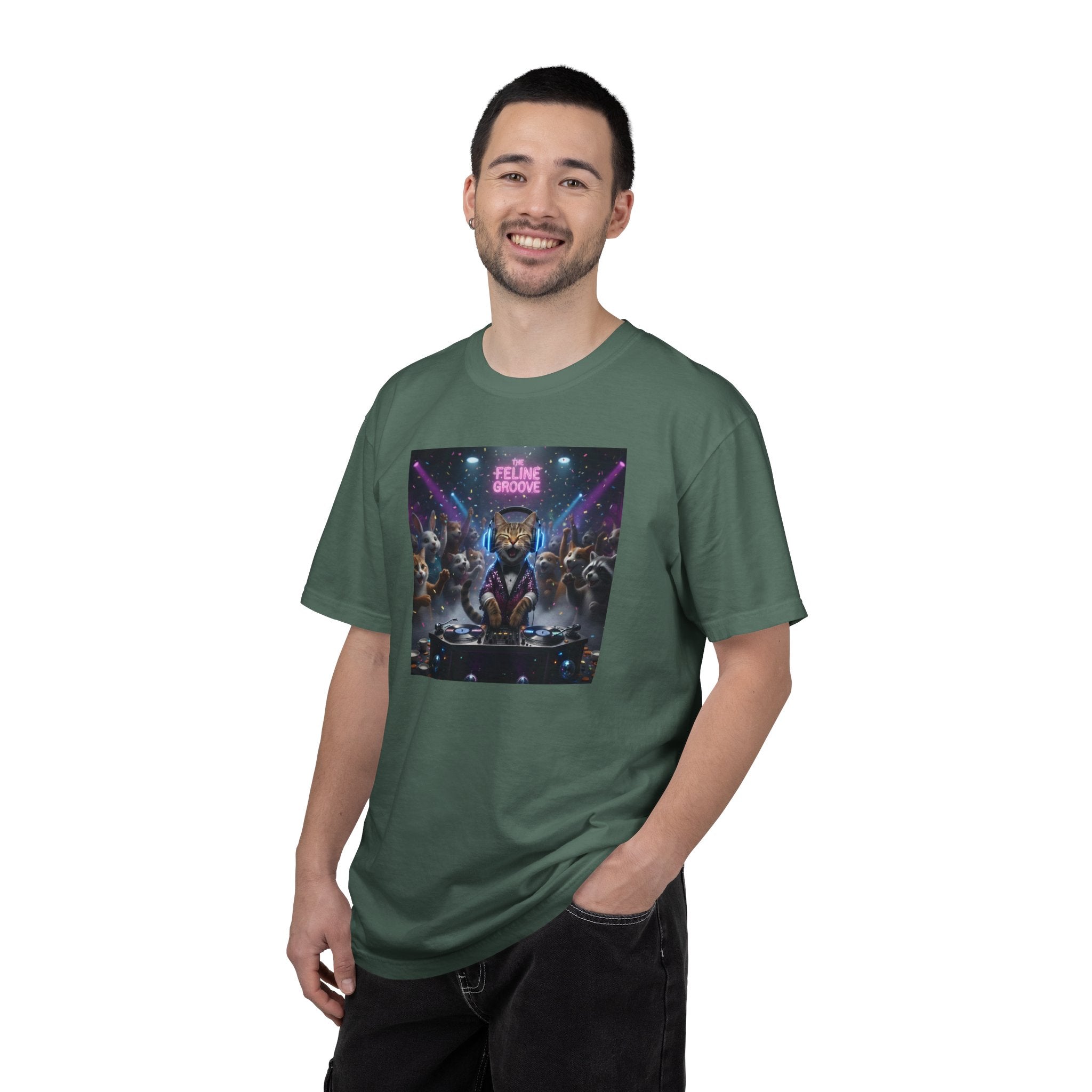 Feline Groove DJ Cat Illustration T-Shirt | Retro Neon Club Scene