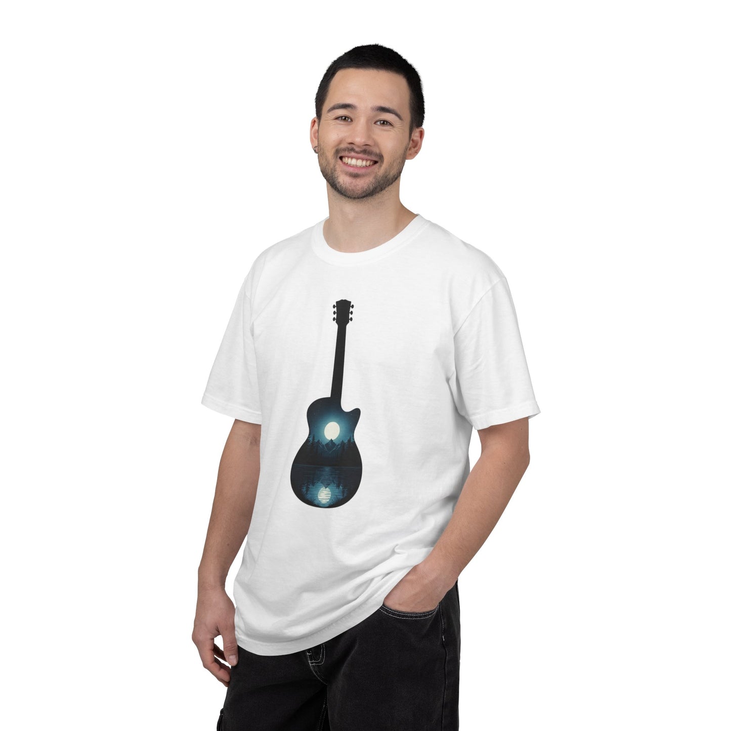 Moonlit Acoustic Guitar T-Shirt | Night Sky Guitar Silhouette