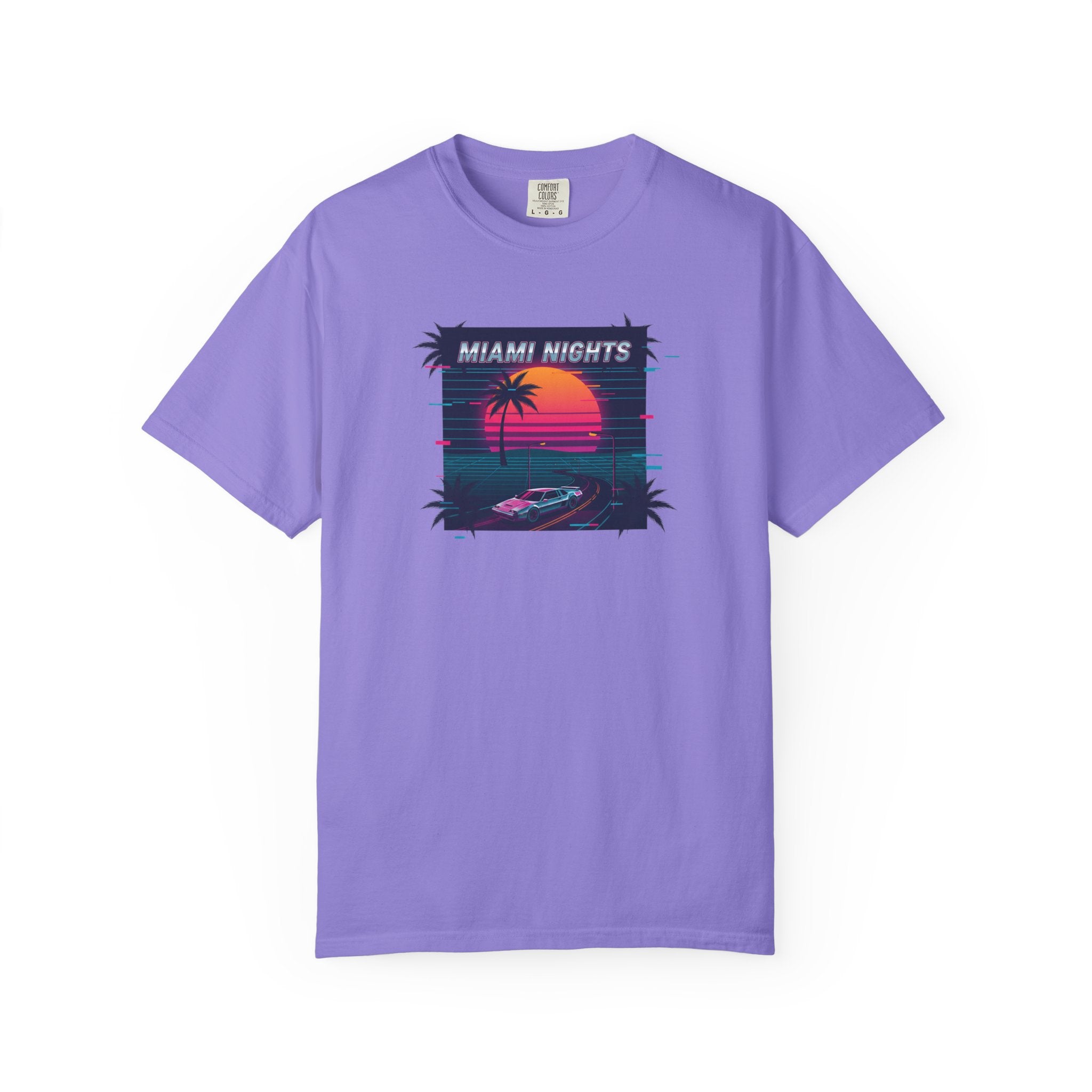 Miami Nights Sunset Palm T-shirt | Retro Vaporwave Beach Scene