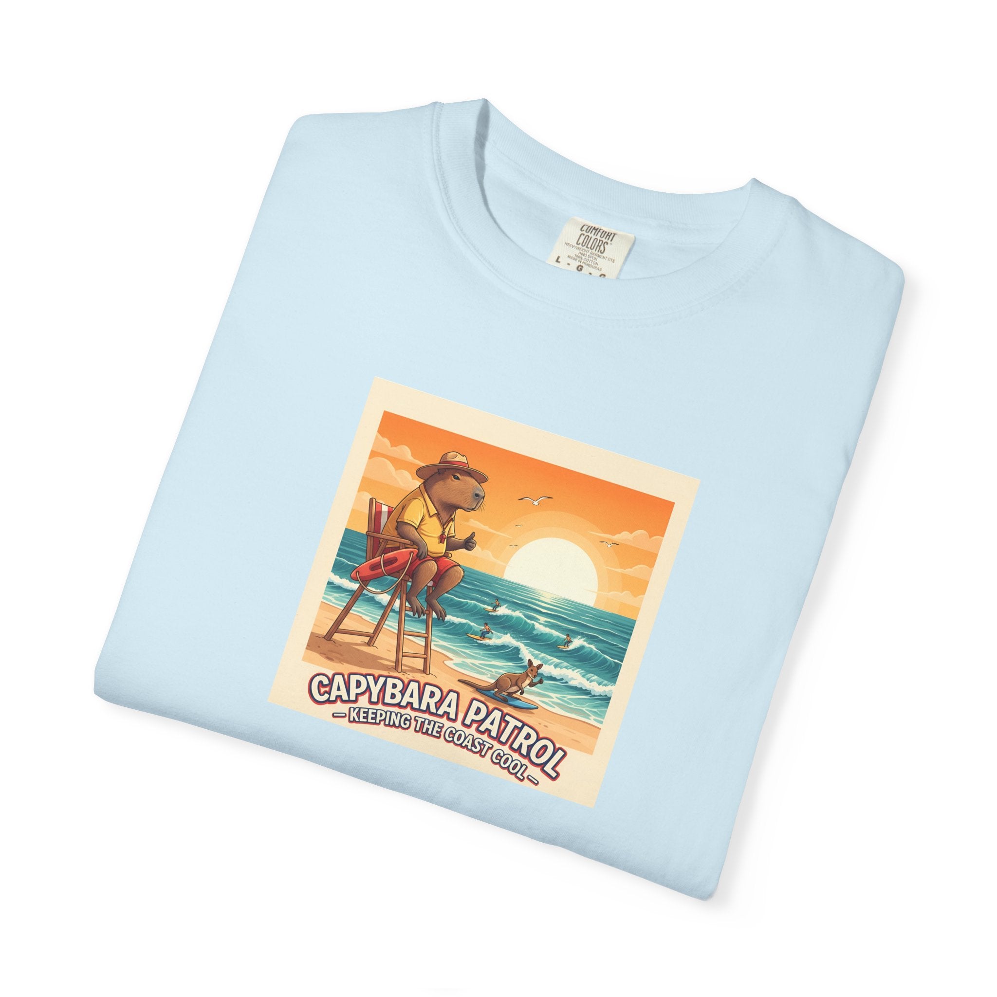 Capybara Patrol Sunset Surfing Capybara T-Shirt | Retro Beach Vibes