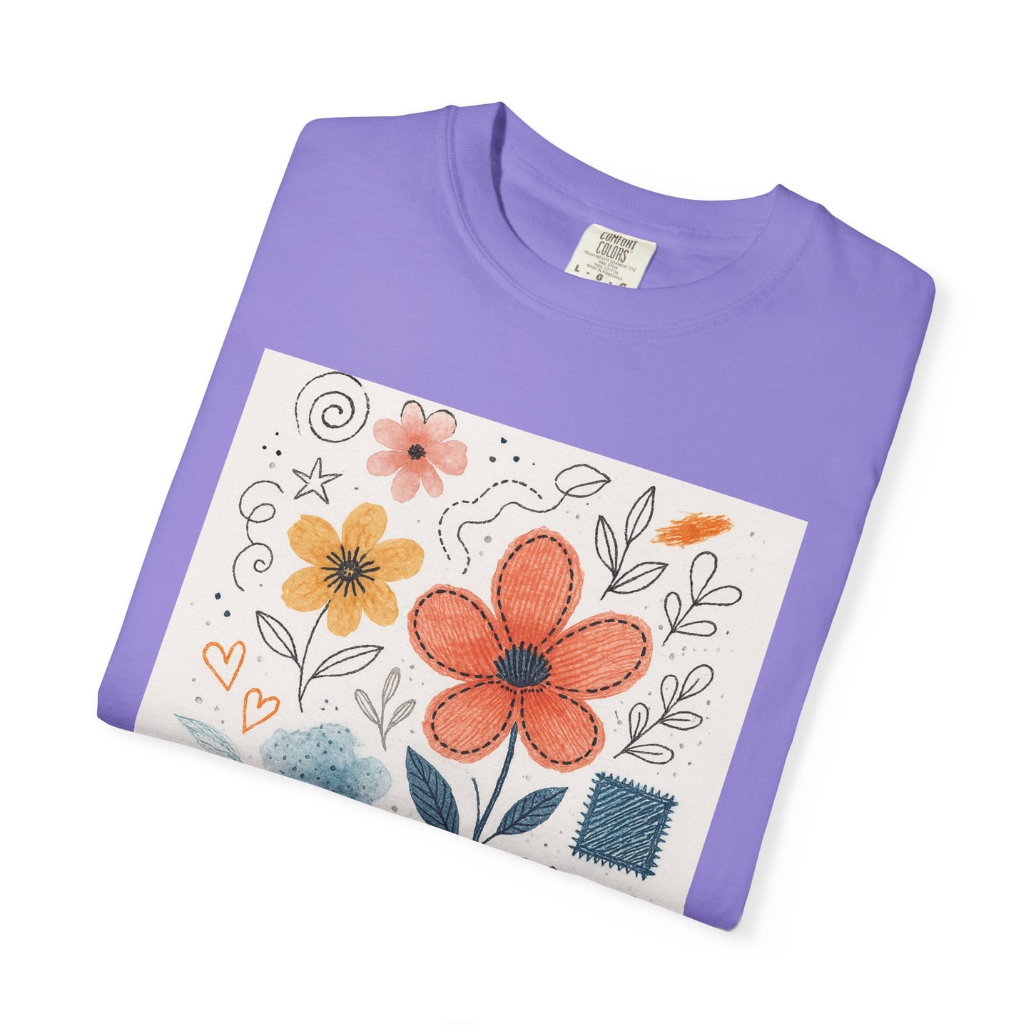 Hand-drawn Watercolor Floral Doodles T-shirt | Linocut & Embroidery Texture