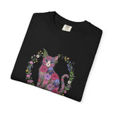 Floral Cat Illustration T-shirt | Botanical Kitty Circle Print