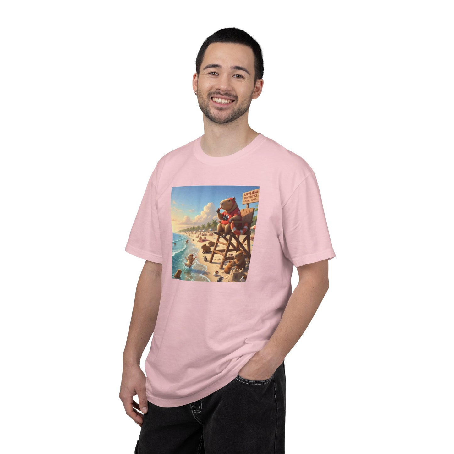 Lifeguard Capybara on Beach T-shirt | Surf Rescue Sunset Scene