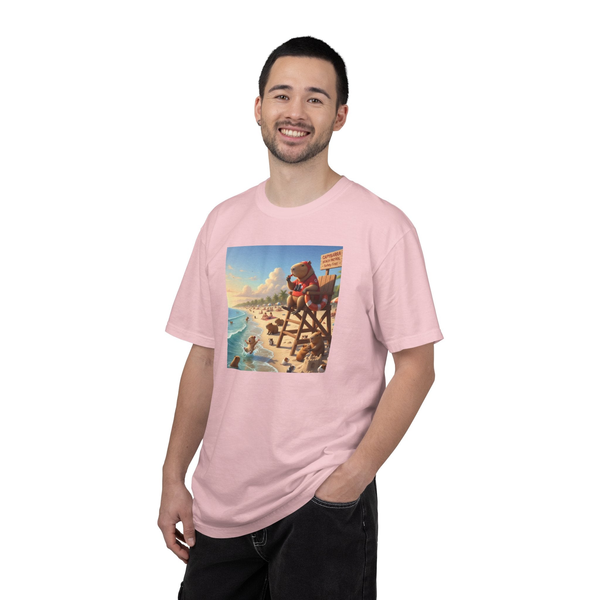 Lifeguard Capybara on Beach T-shirt | Surf Rescue Sunset Scene