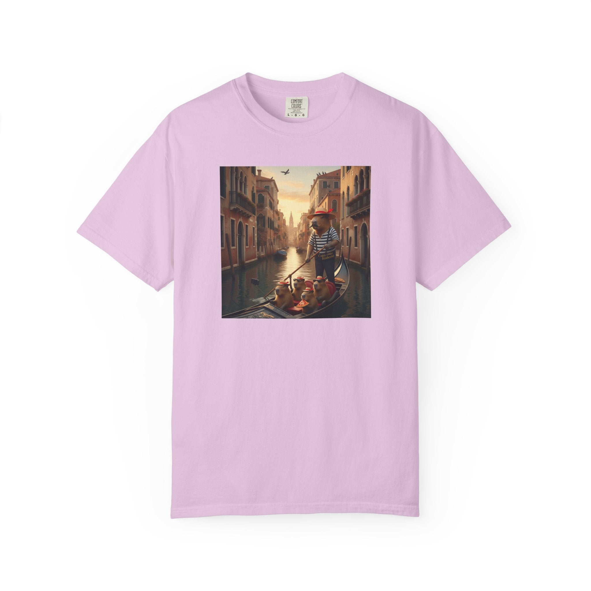 Capybara Venice Gondola Sunset T-shirt | Scenic Canal Travel Art