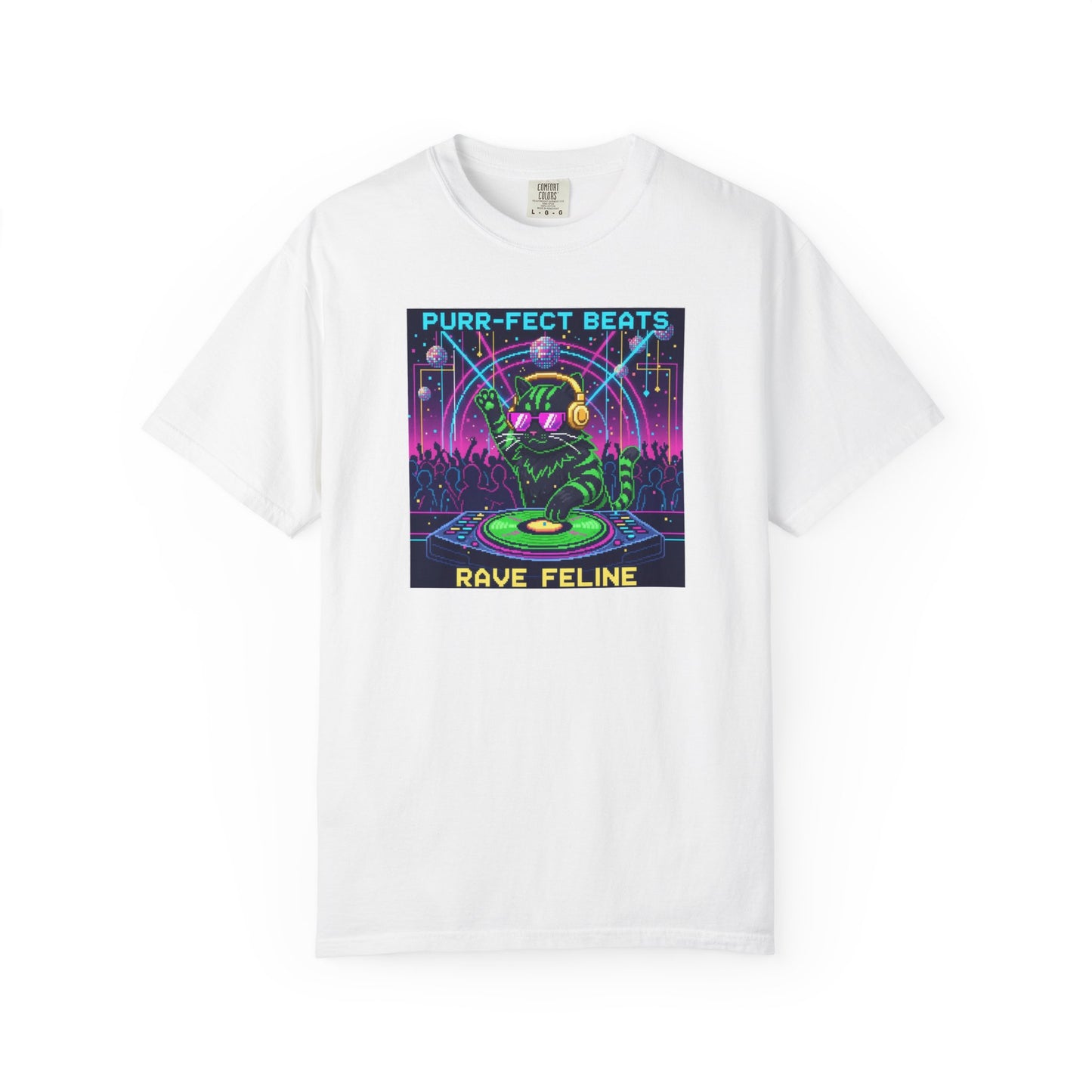 Purr-fect Beats Rave Feline DJ cat T-shirt | Neon EDM club design