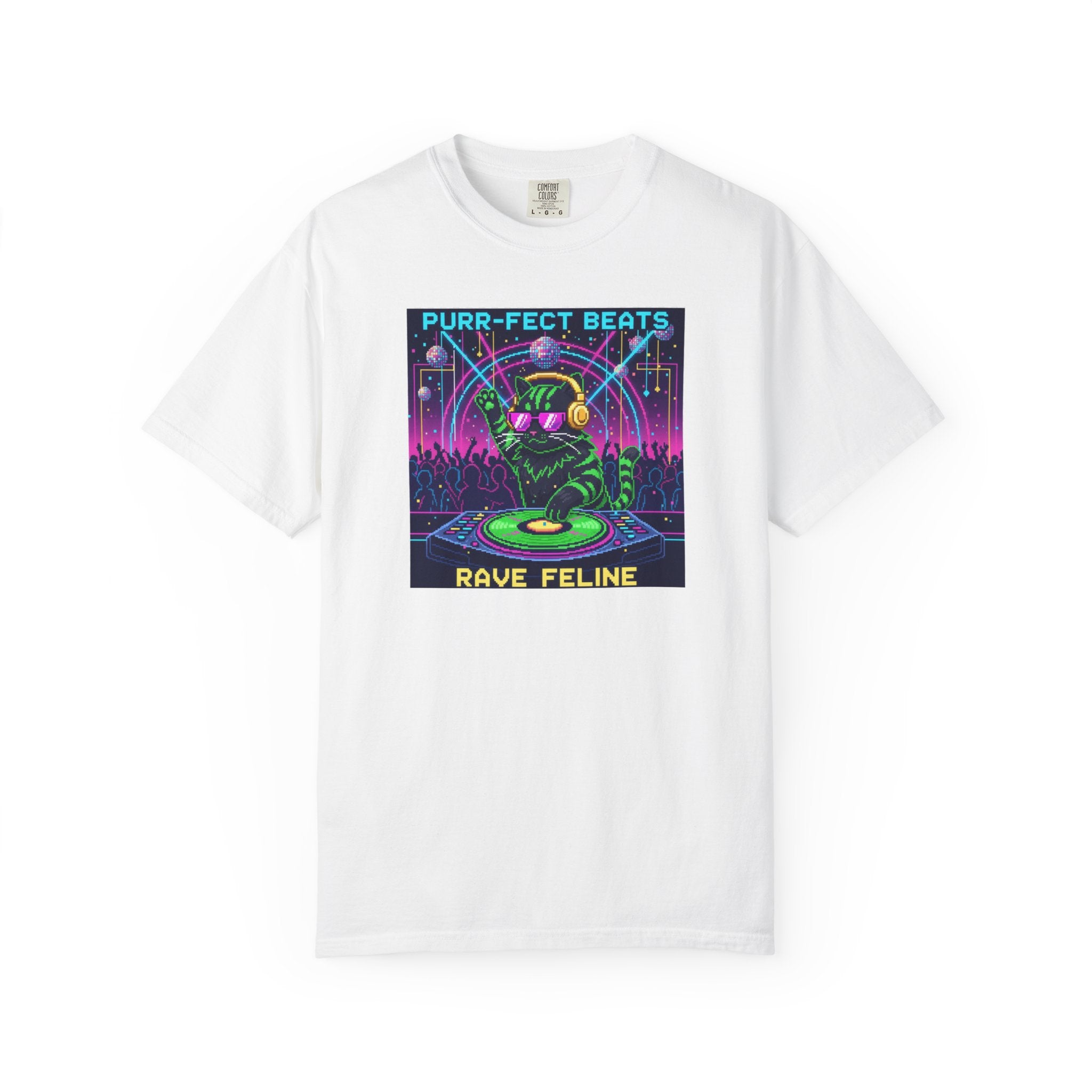 Purr-fect Beats Rave Feline DJ cat T-shirt | Neon EDM club design