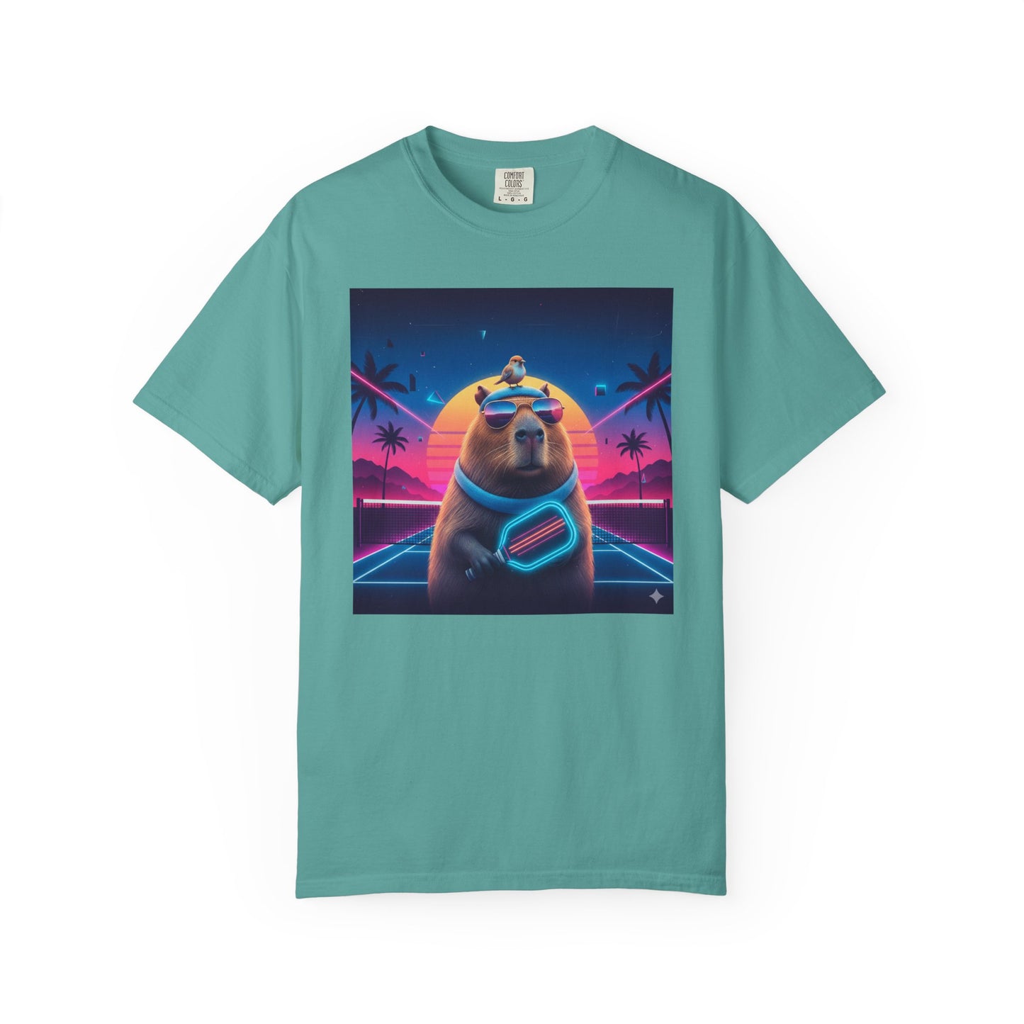 Retro Vaporwave Capybara with Sunglasses T-shirt | Neon Sunset Palm Trees