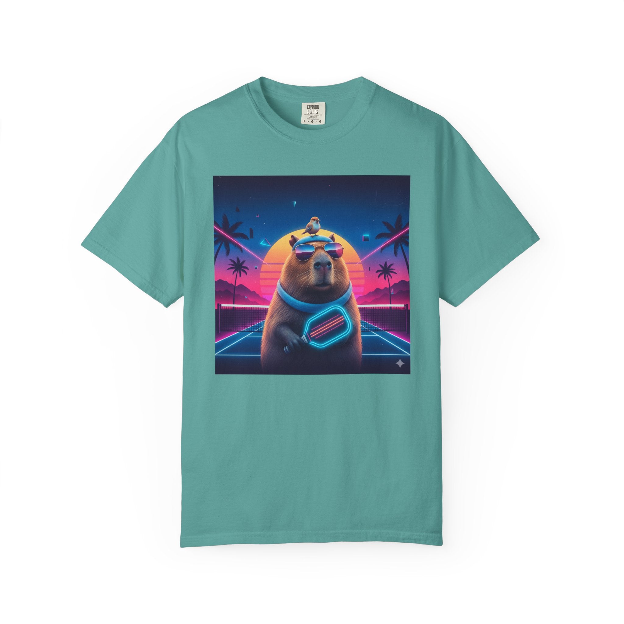 Retro Vaporwave Capybara with Sunglasses T-shirt | Neon Sunset Palm Trees