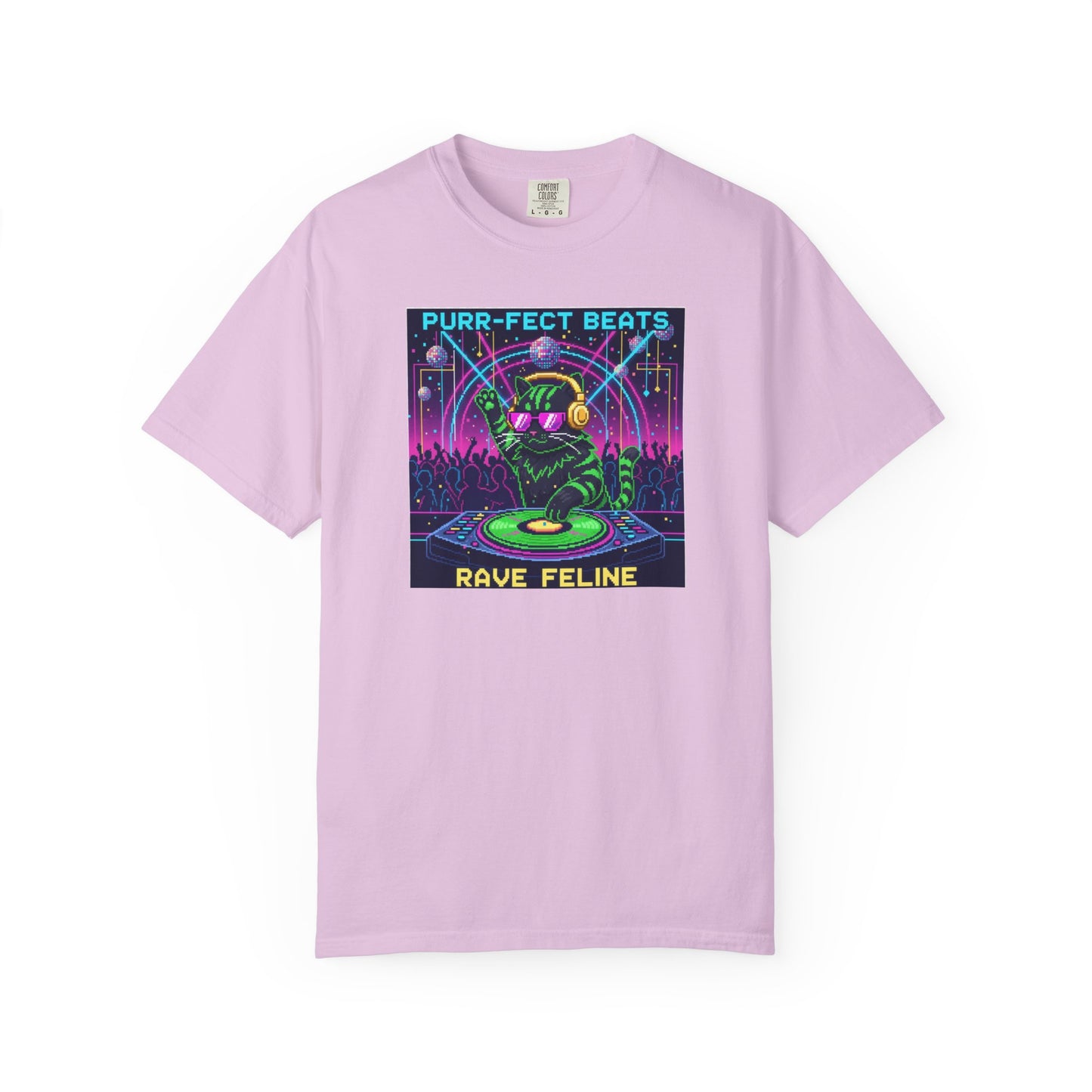 Purr-fect Beats Rave Feline DJ cat T-shirt | Neon EDM club design