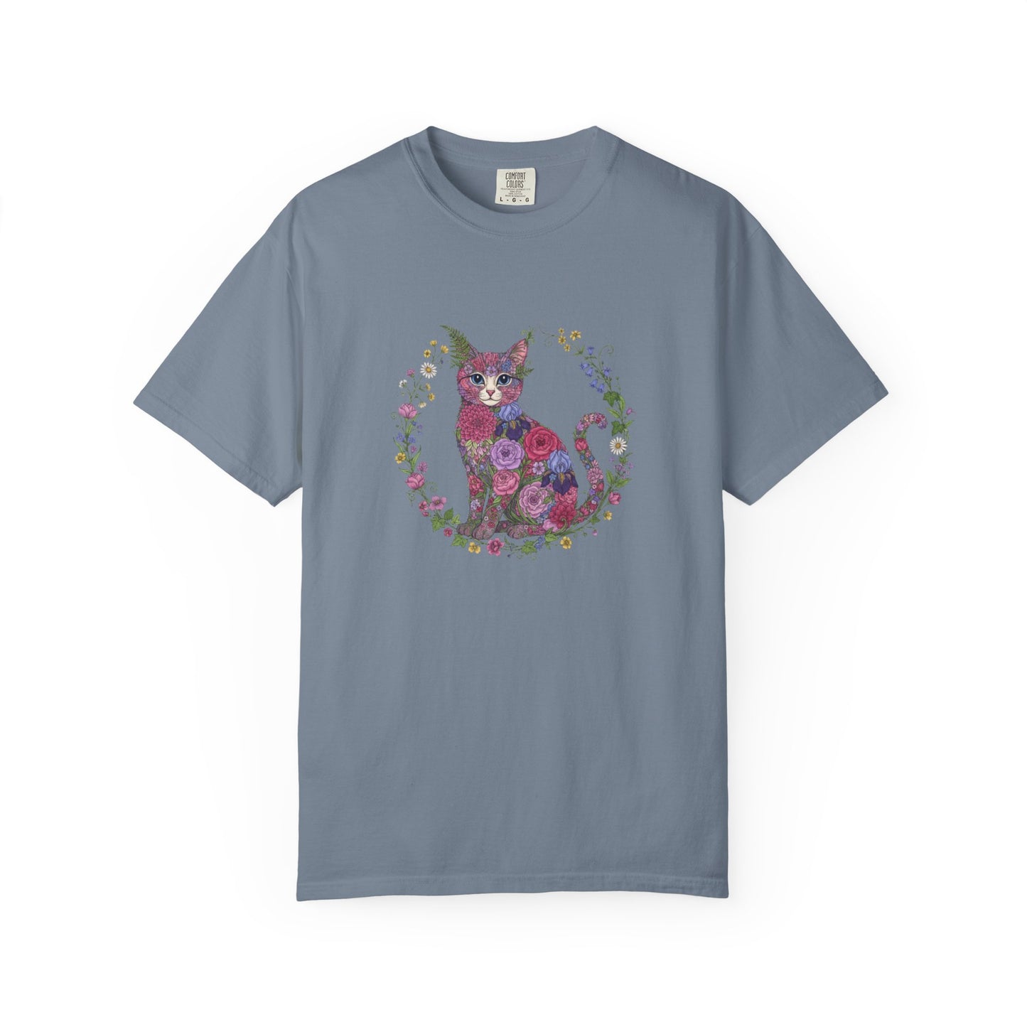 Floral Cat Illustration T-shirt | Botanical Kitty Circle Print