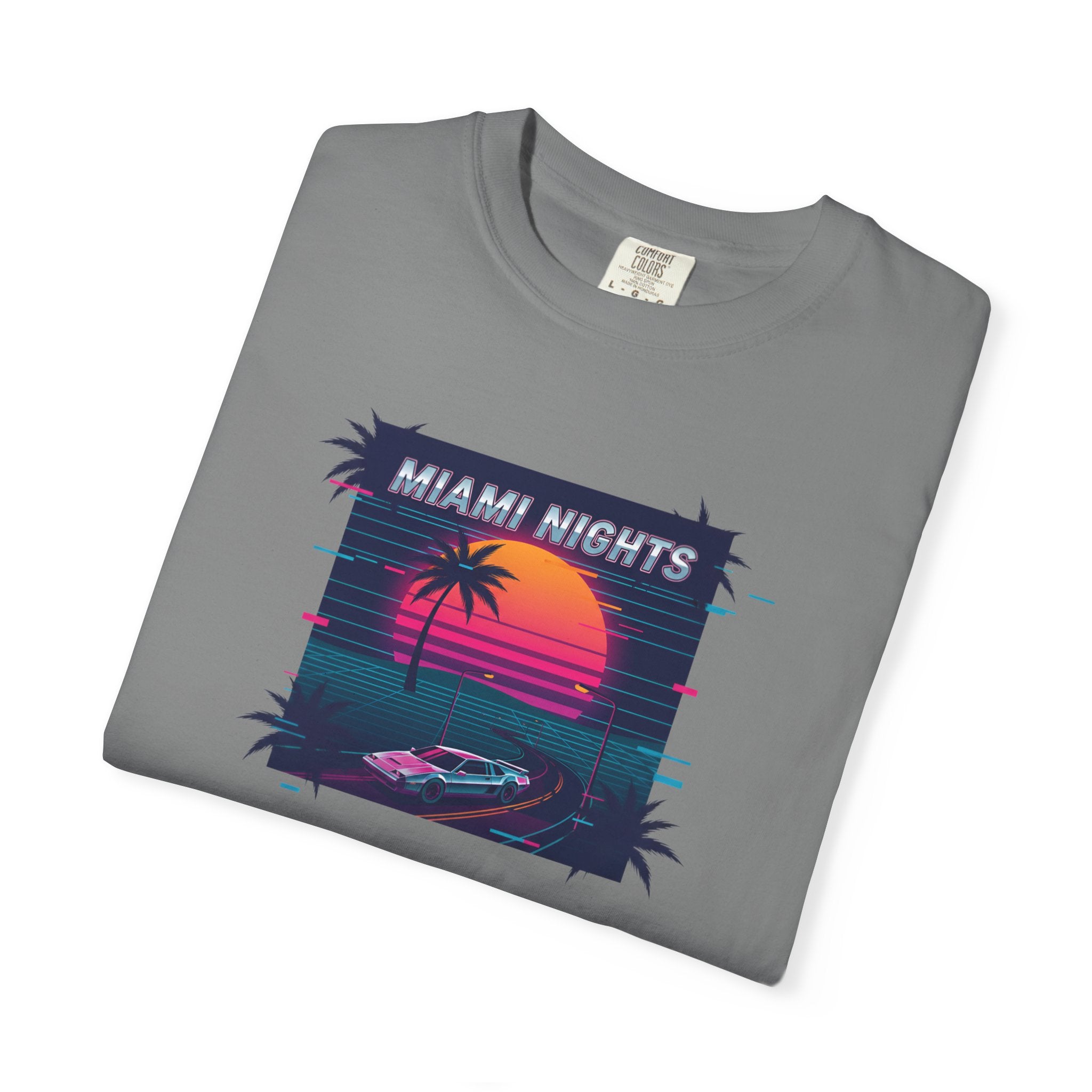 Miami Nights Sunset Palm T-shirt | Retro Vaporwave Beach Scene