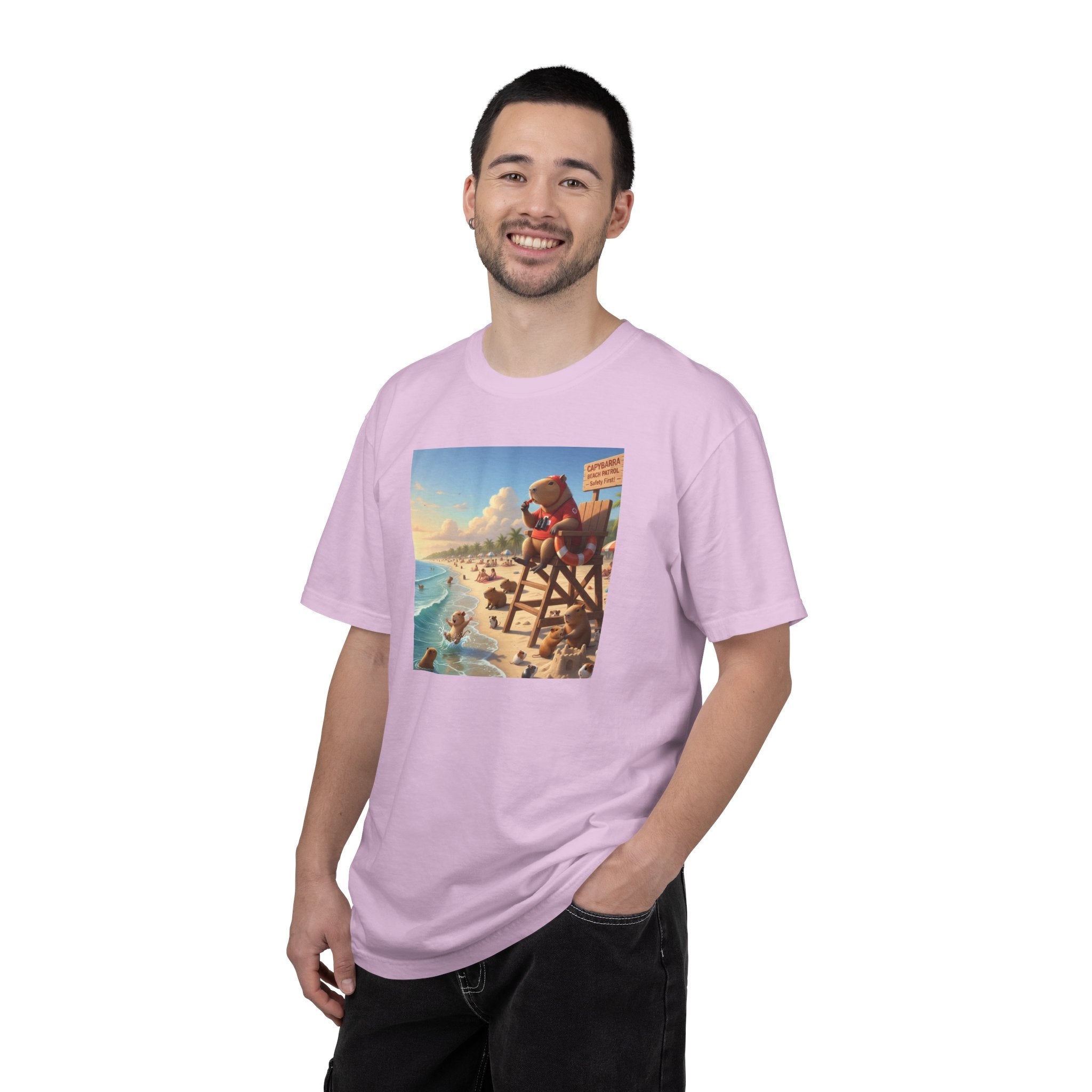 Lifeguard Capybara on Beach T-shirt | Surf Rescue Sunset Scene