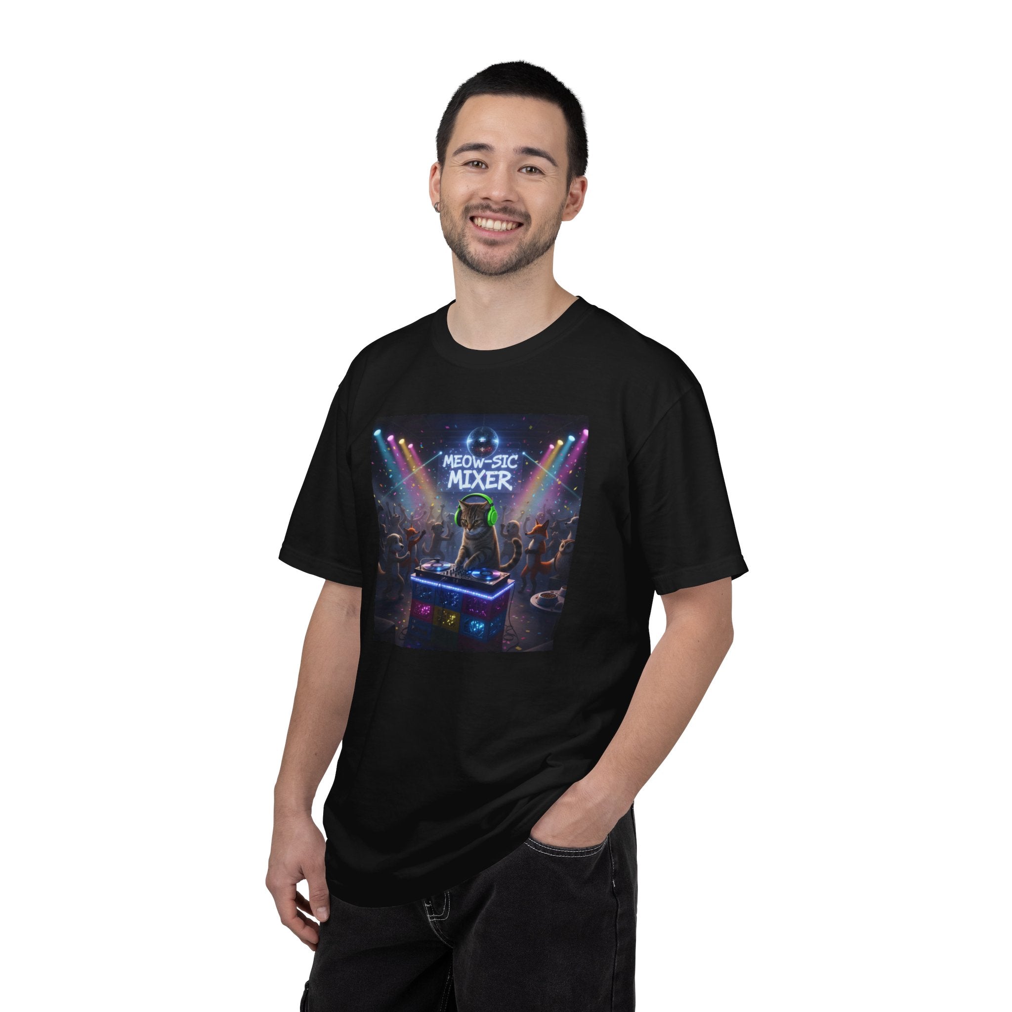 Melodic Mixer DJ Cat T-shirt | Neon Retro Music Party