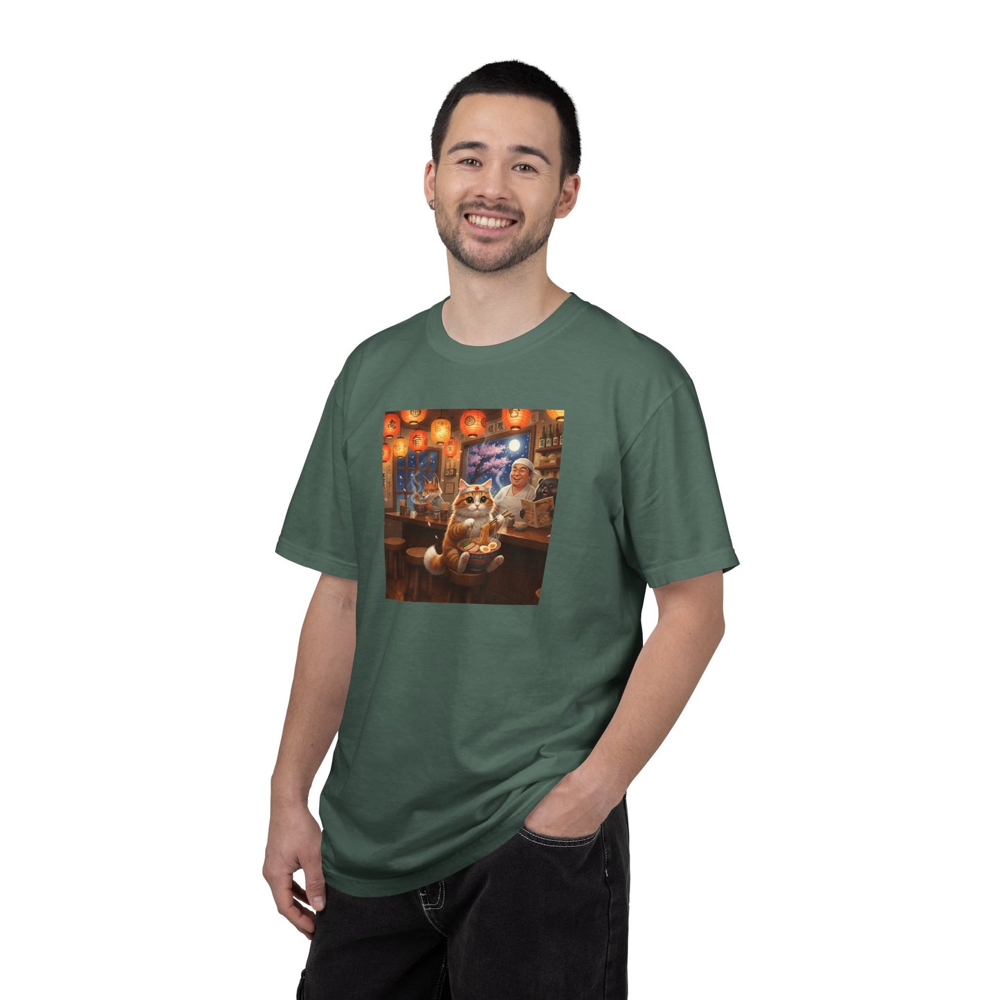 Whiskers and the Wondrous Noodles Cat Bar Ramen Scene T-shirt | Cozy Pub Cat Illustration