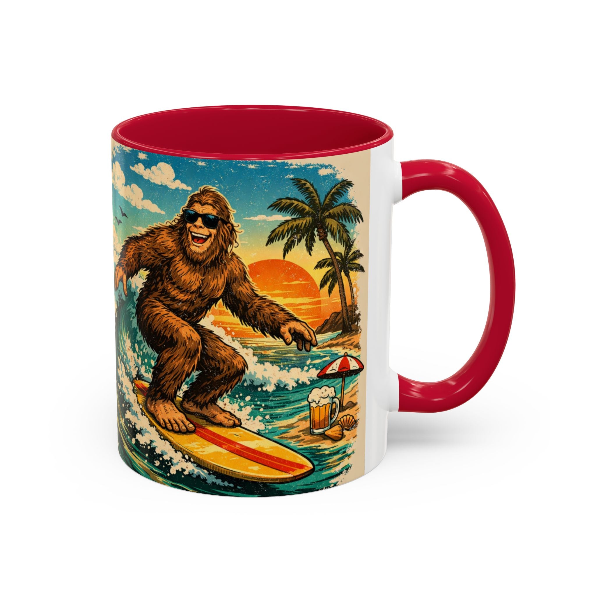 Surfing Bigfoot Mug | Retro Beach Sunset Bigfoot Wave Coffee Cup