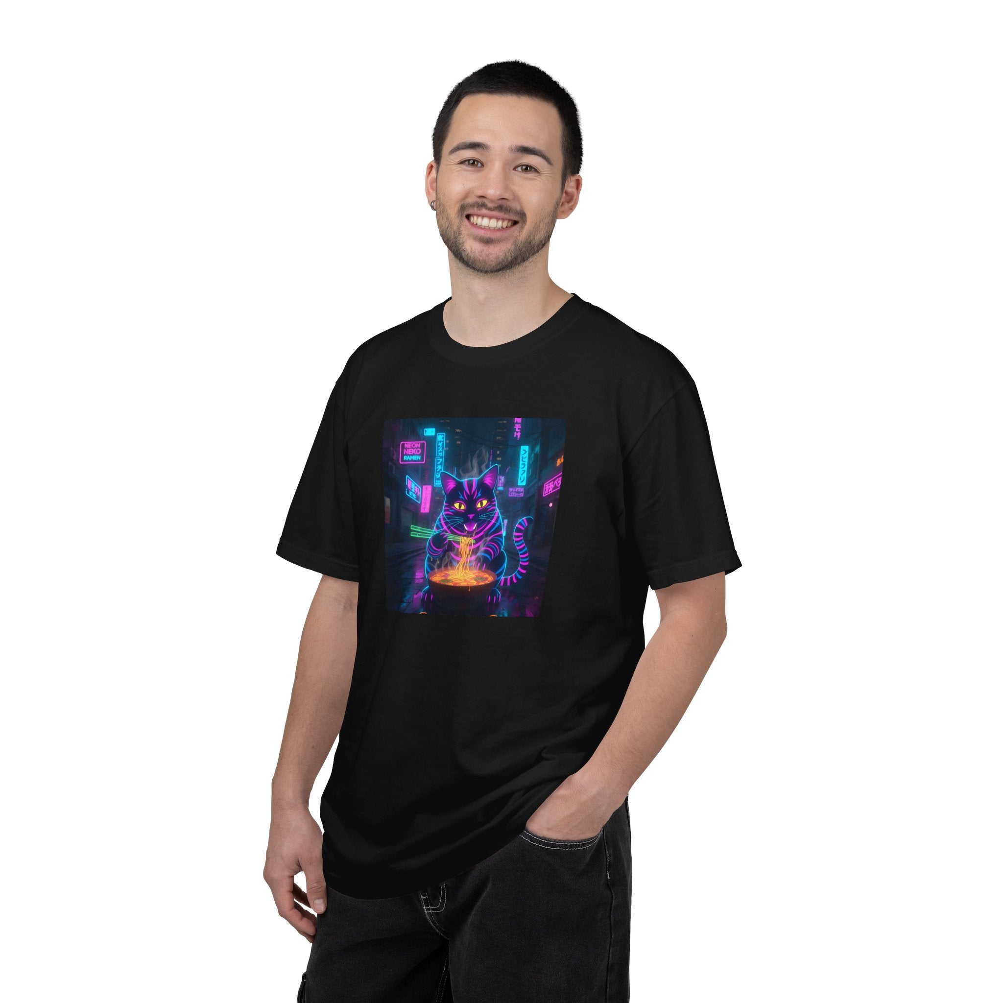 Neon Cyberpunk Cat Mystic Bowl T-shirt | Retro Futuristic Alley Art