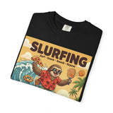 Slurfing Surfing Sloth T-Shirt | Retro Beach Wave Illustration