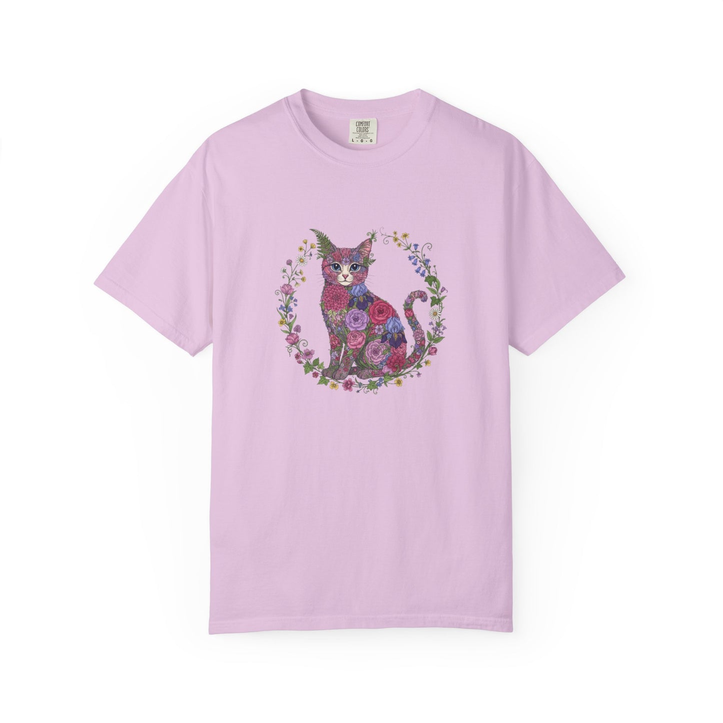 Floral Cat Illustration T-shirt | Botanical Kitty Circle Print