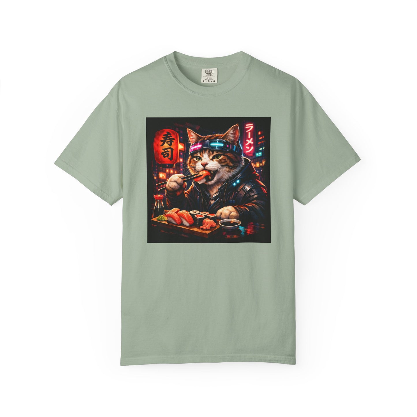 Sushi-Eating Cat T-Shirt | Neon Japanese Street Food Art