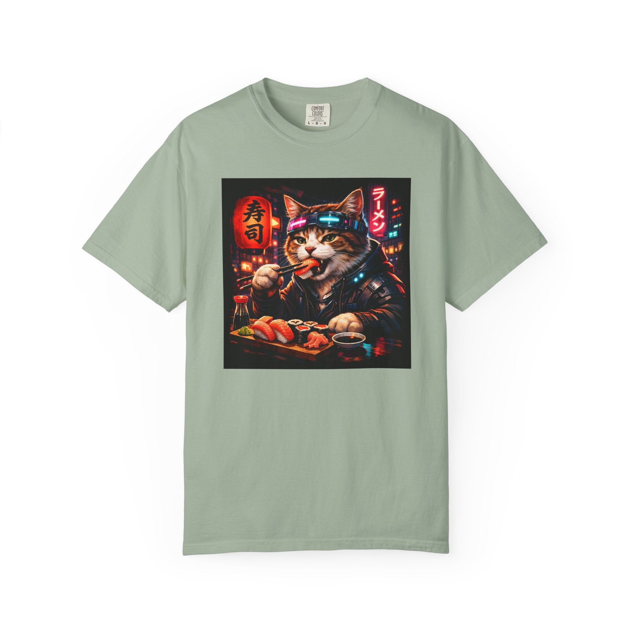 Sushi-Eating Cat T-Shirt | Neon Japanese Street Food Art