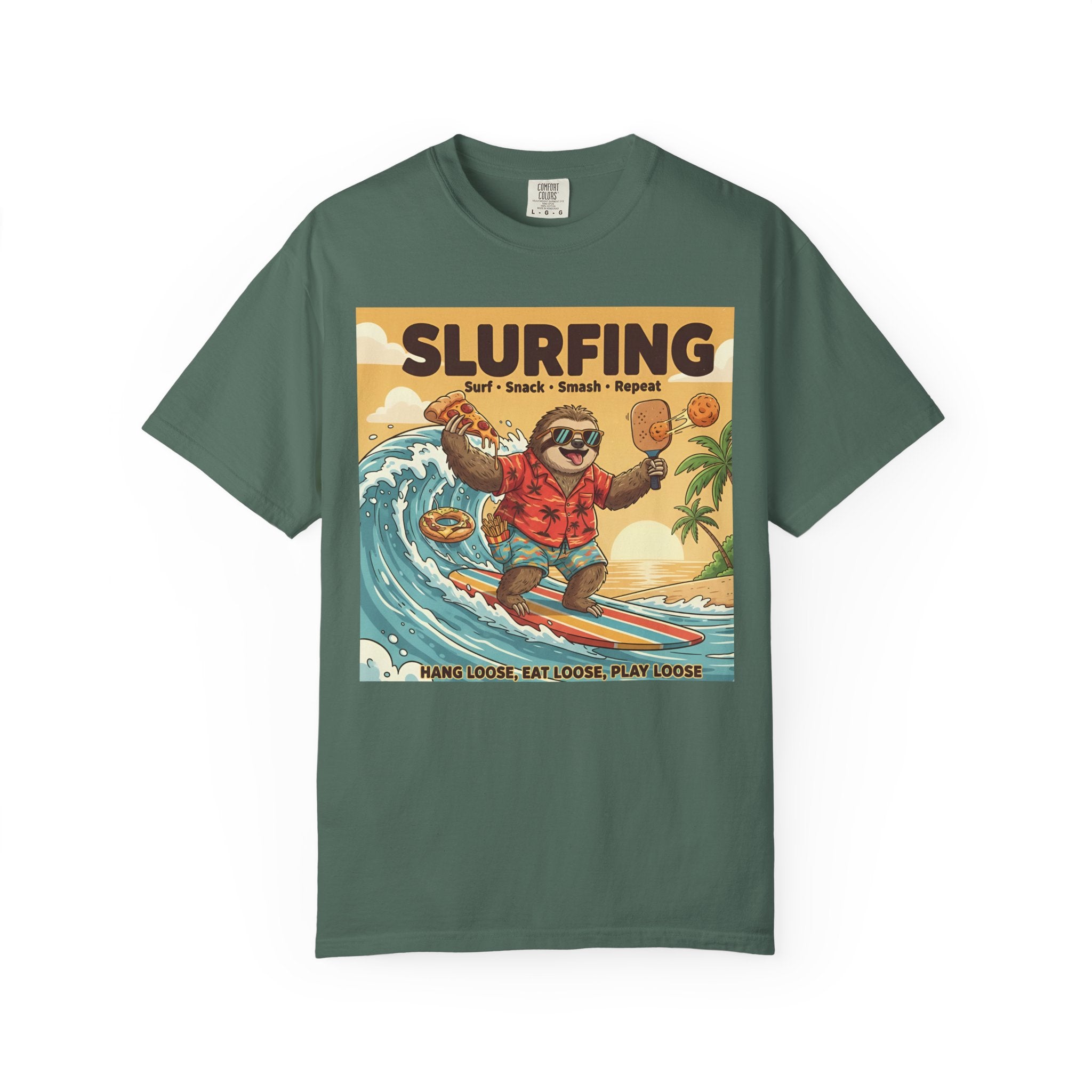 Slurfing Surfing Sloth T-Shirt | Retro Beach Wave Illustration