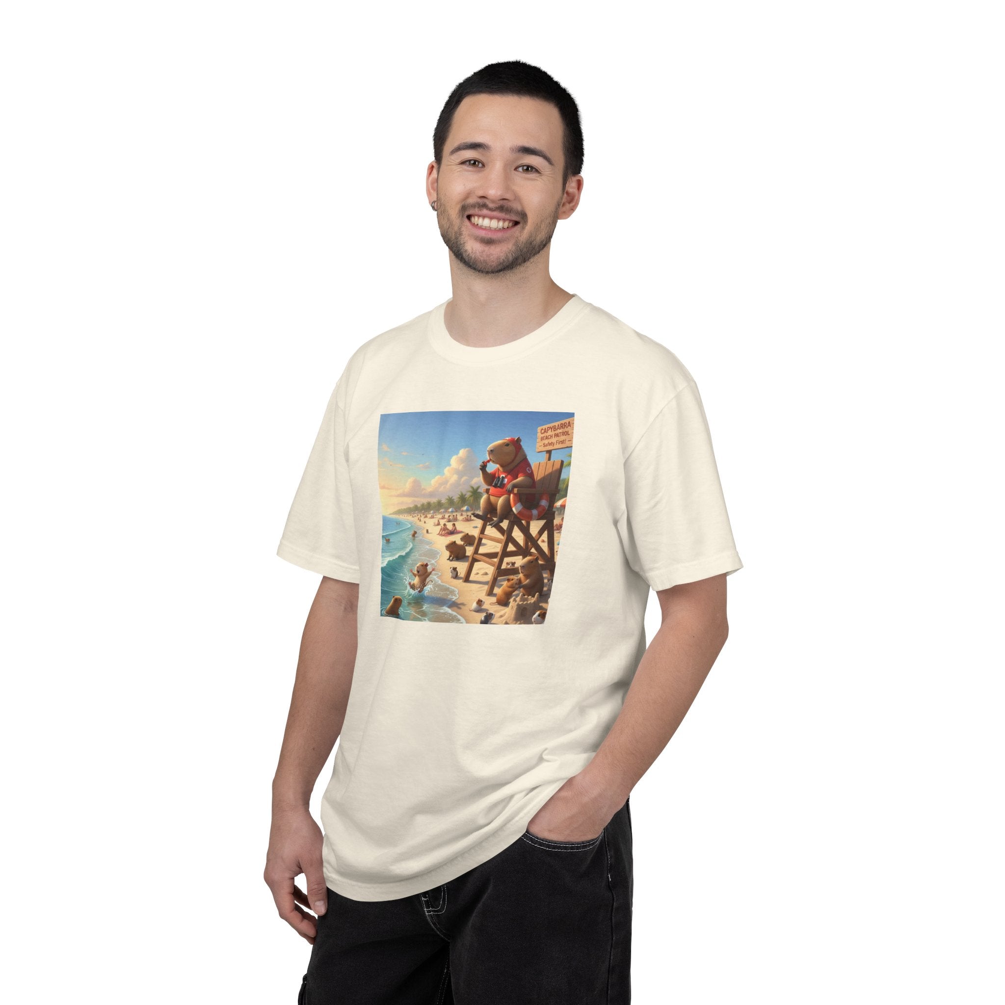 Lifeguard Capybara on Beach T-shirt | Surf Rescue Sunset Scene