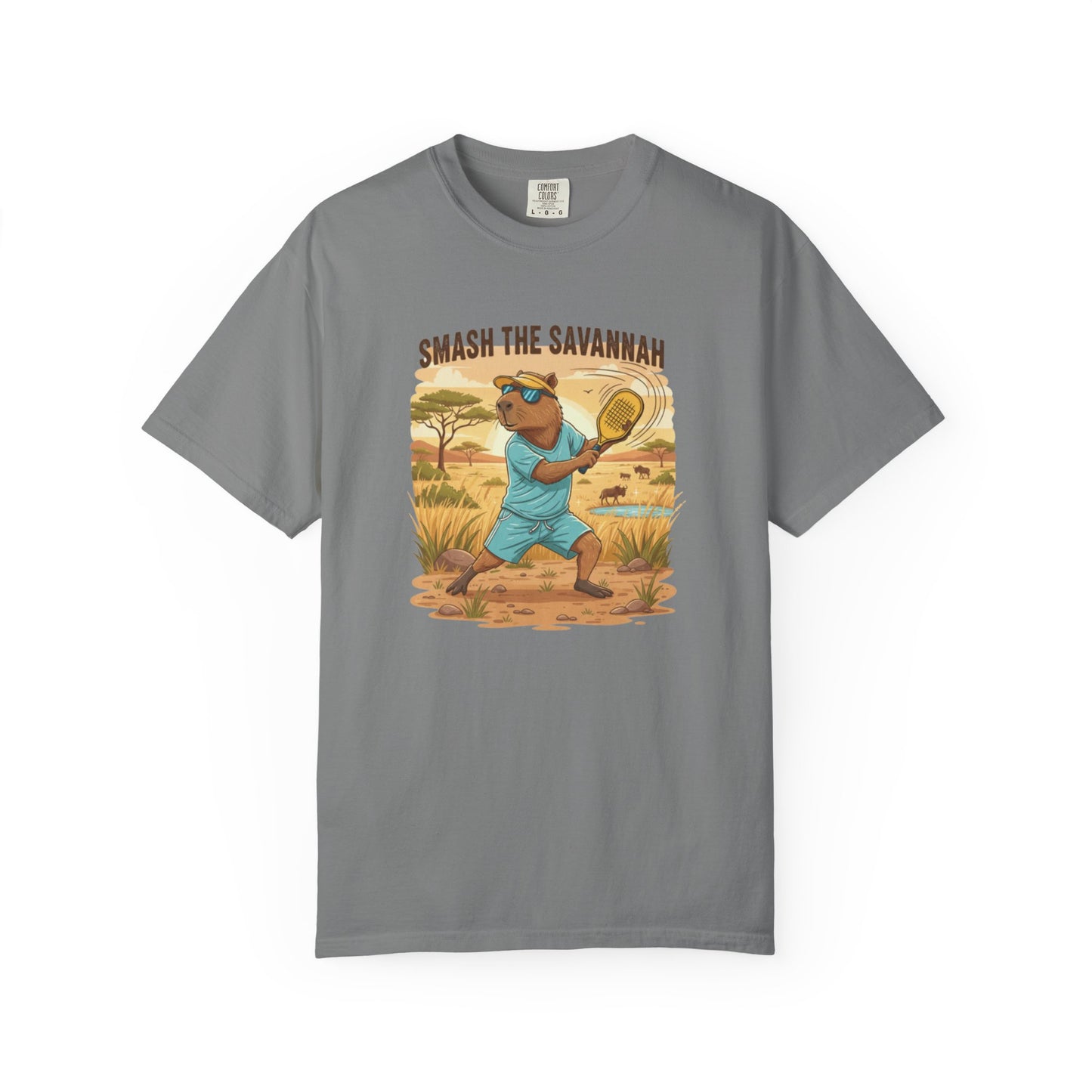 Smash the Savannah Capybara Pickleballer T-Shirt | Animal Sports Graphic Tee